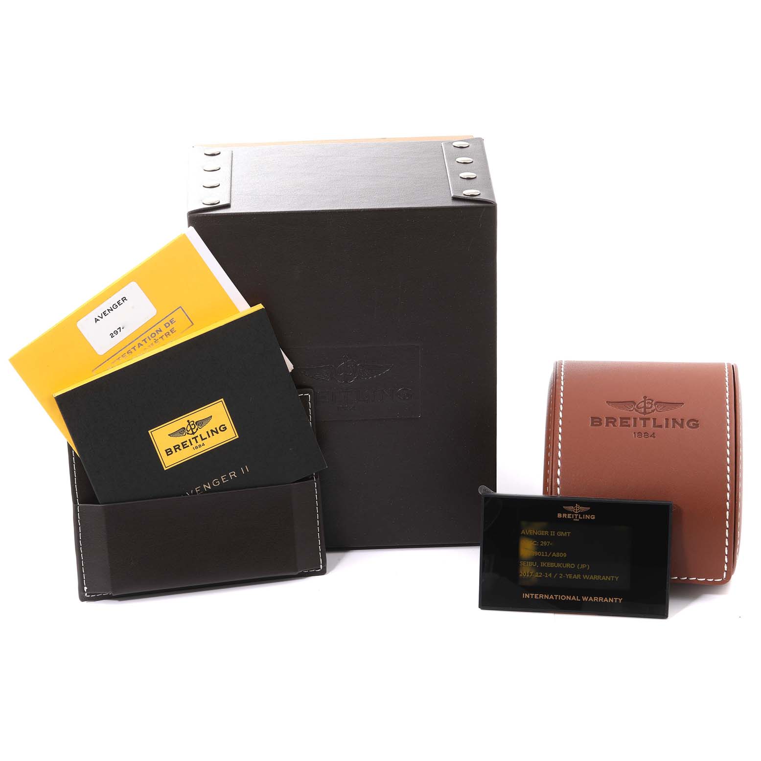The image shows the packaging, manuals, warranty card, and leather travel case for the Breitling Avenger A3239011-C872-170A Men's Stainless Steel Mother of Pearl Dial A3239011-C872-170A Men's Stainless Steel Mother of Pearl Dial watch.