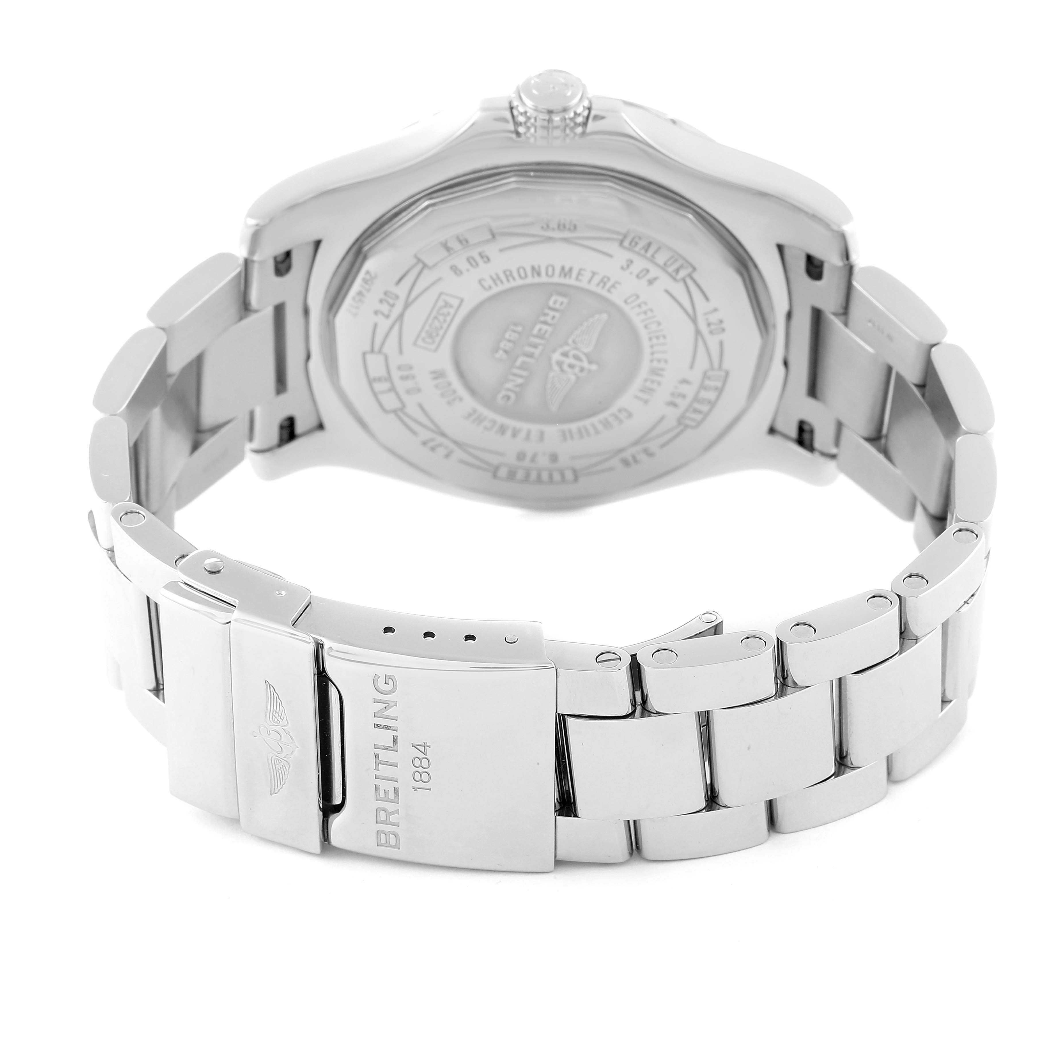 The image shows the Breitling Avenger A3239011-C872-170A Men's Stainless Steel Mother of Pearl Dial A3239011-C872-170A Men's Stainless Steel Mother of Pearl Dial watch from a rear angle, highlighting the case back and metal bracelet.