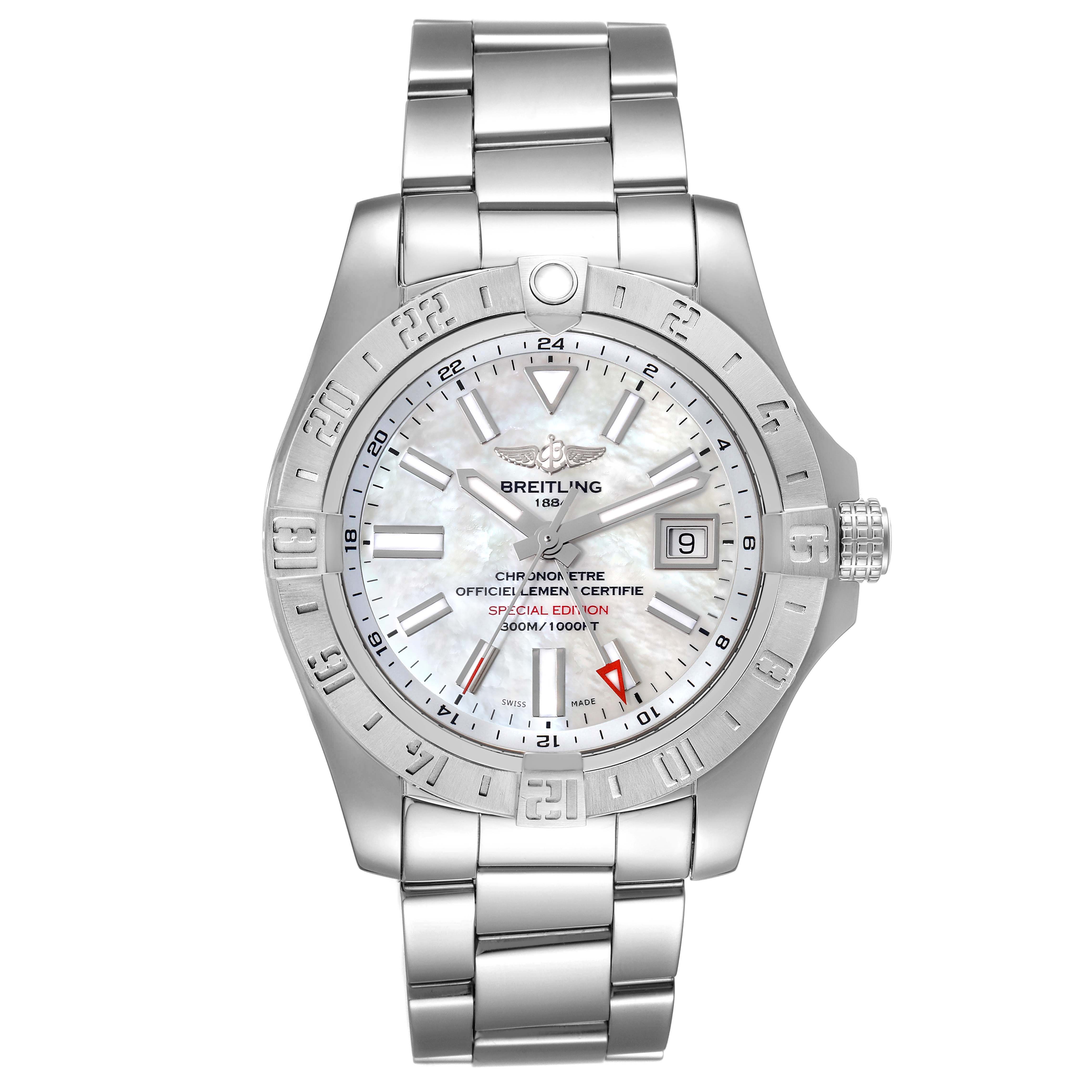 This is a front view of a Breitling Avenger A3239011-C872-170A Men's Stainless Steel Mother of Pearl Dial A3239011-C872-170A Men's Stainless Steel Mother of Pearl Dial watch, displaying its face, bezel, and stainless steel bracelet.