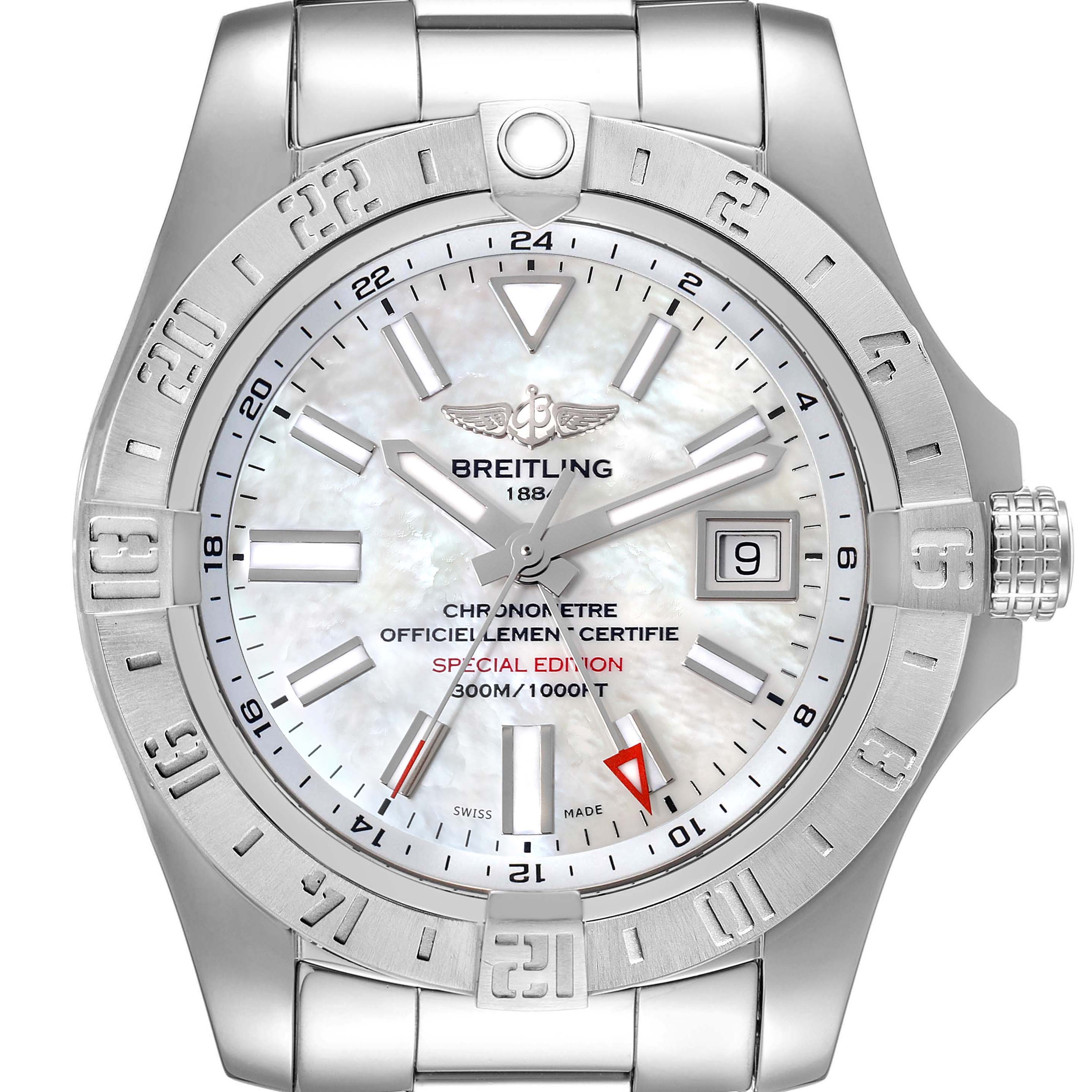 The image shows the front view of a Breitling Avenger A3239011-C872-170A Men's Stainless Steel Mother of Pearl Dial A3239011-C872-170A Men's Stainless Steel Mother of Pearl Dial watch, highlighting the dial, bezel, and part of the bracelet.