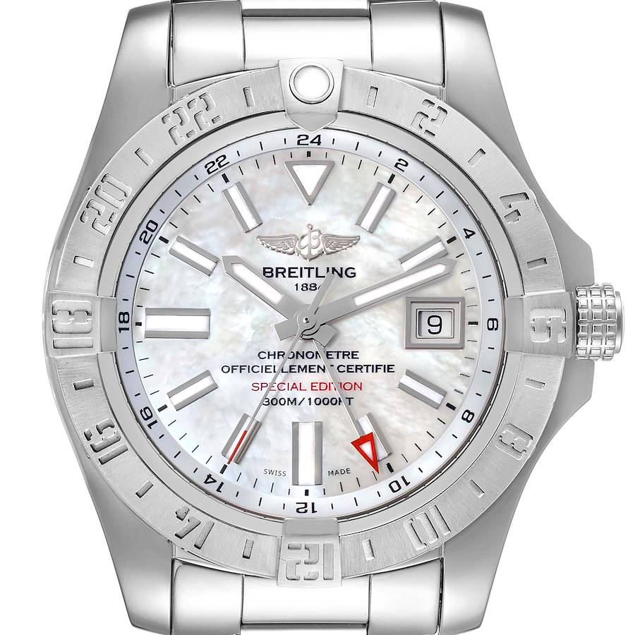Breitling Aeromarine Avenger II GMT Mother of Pearl Steel Mens Watch A32390 Box Card SwissWatchExpo
