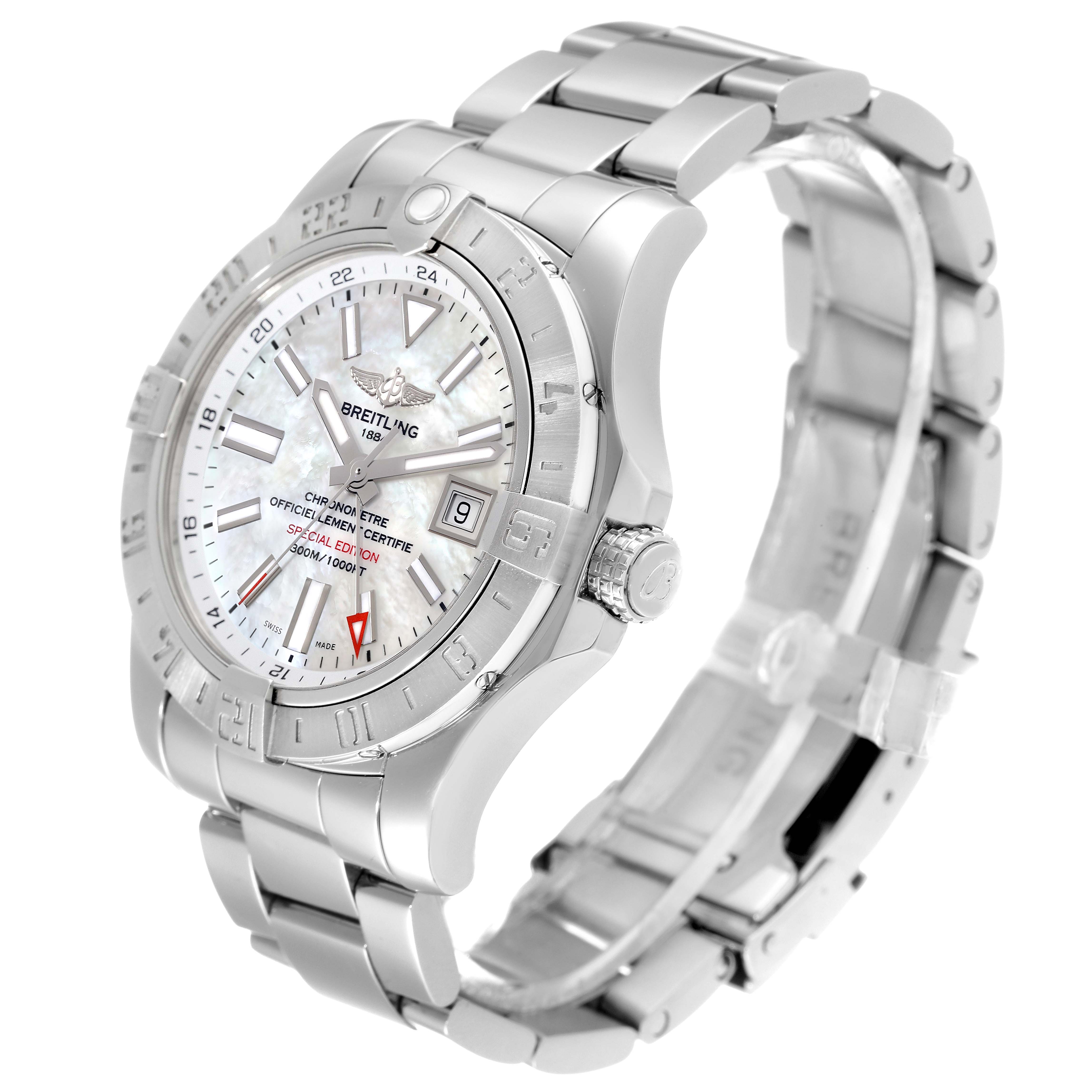 The image shows a Breitling Avenger A3239011-C872-170A Men's Stainless Steel Mother of Pearl Dial A3239011-C872-170A Men's Stainless Steel Mother of Pearl Dial watch angled to display the face, bezel, and full metal bracelet.