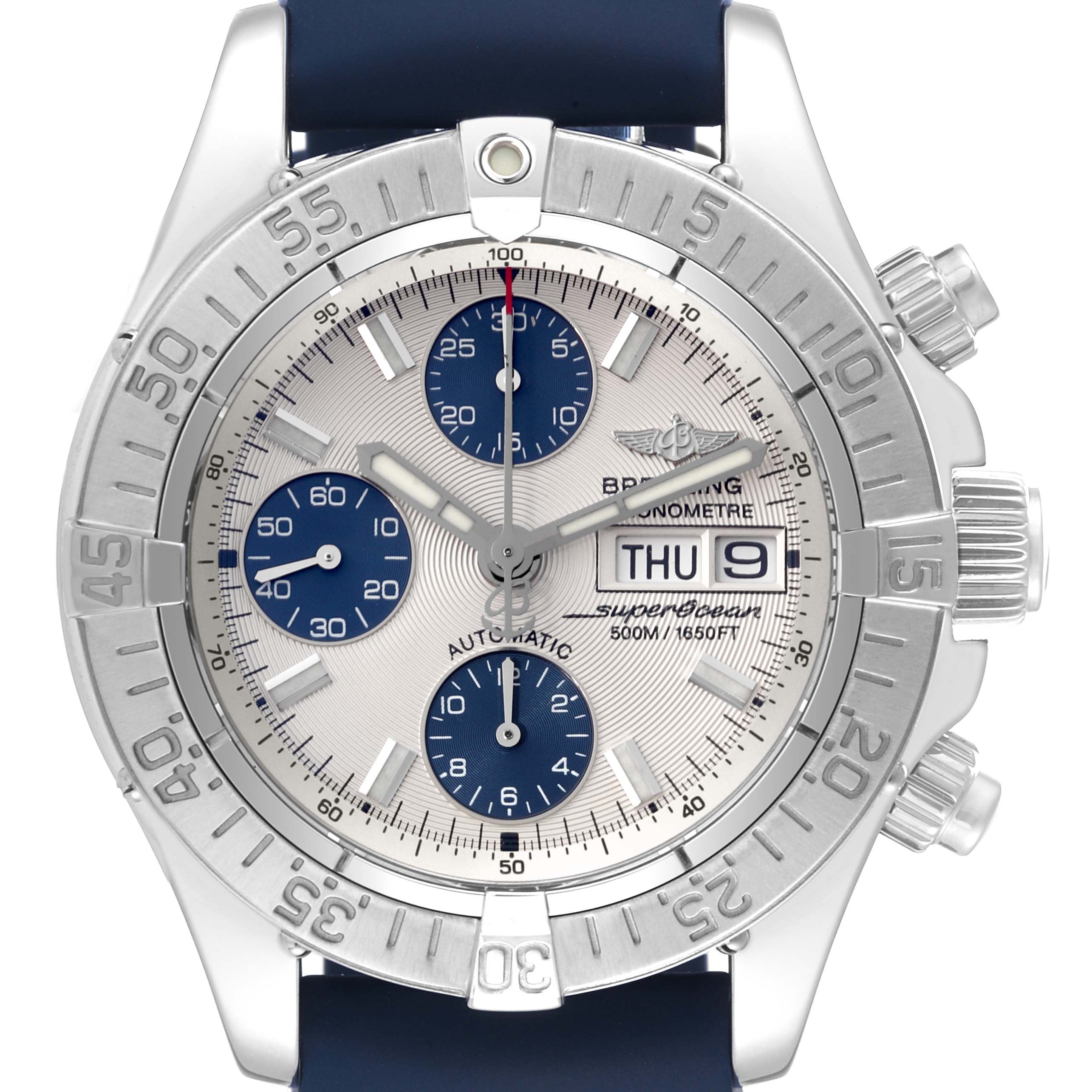 The image shows a front view of the Breitling Superocean A13340 Men's Stainless Steel Silver Dial A13340 Men's Stainless Steel Silver Dial model, highlighting the dial, chronograph subdials, and stainless steel bezel.