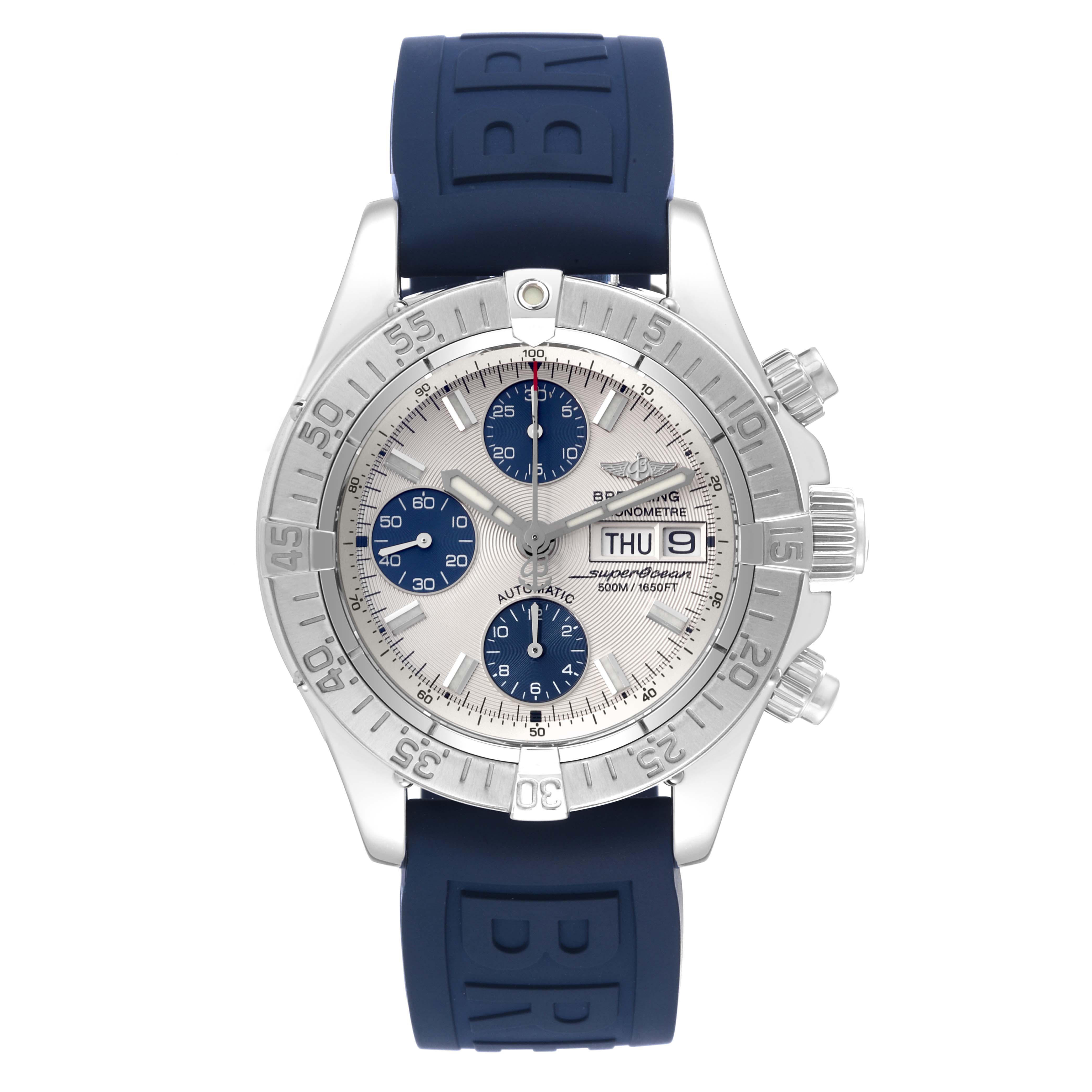 The Breitling Superocean A13340 Men's Stainless Steel Silver Dial A13340 Men's Stainless Steel Silver Dial watch is shown from a front angle, displaying the dial, bezel, subdials, and blue strap.