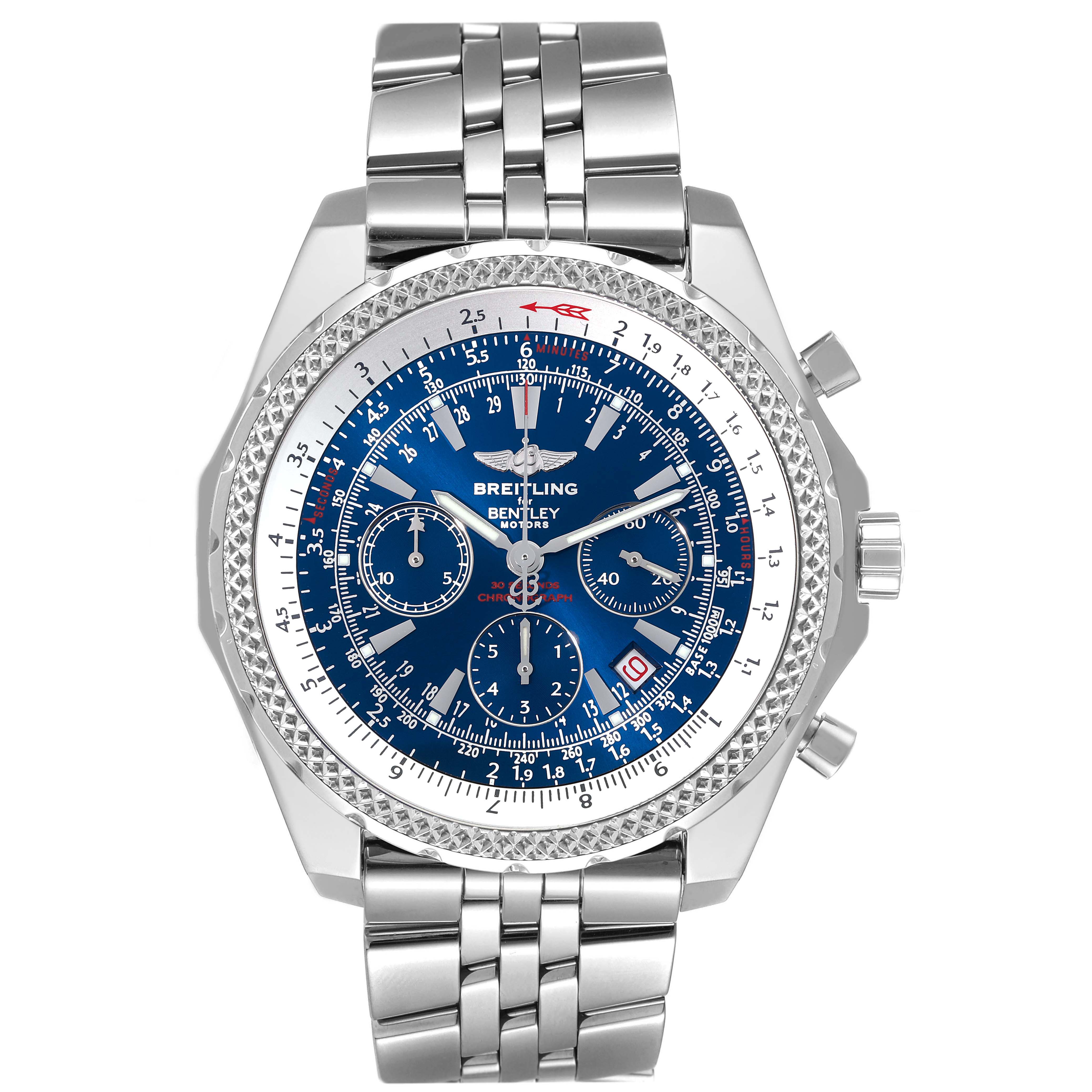 The image shows a front view of a Breitling Bentley A25362 Men's Stainless Steel Blue Dial A25362 Men's Stainless Steel Blue Dial watch, showcasing its stainless steel band, blue dial, and chronograph features.