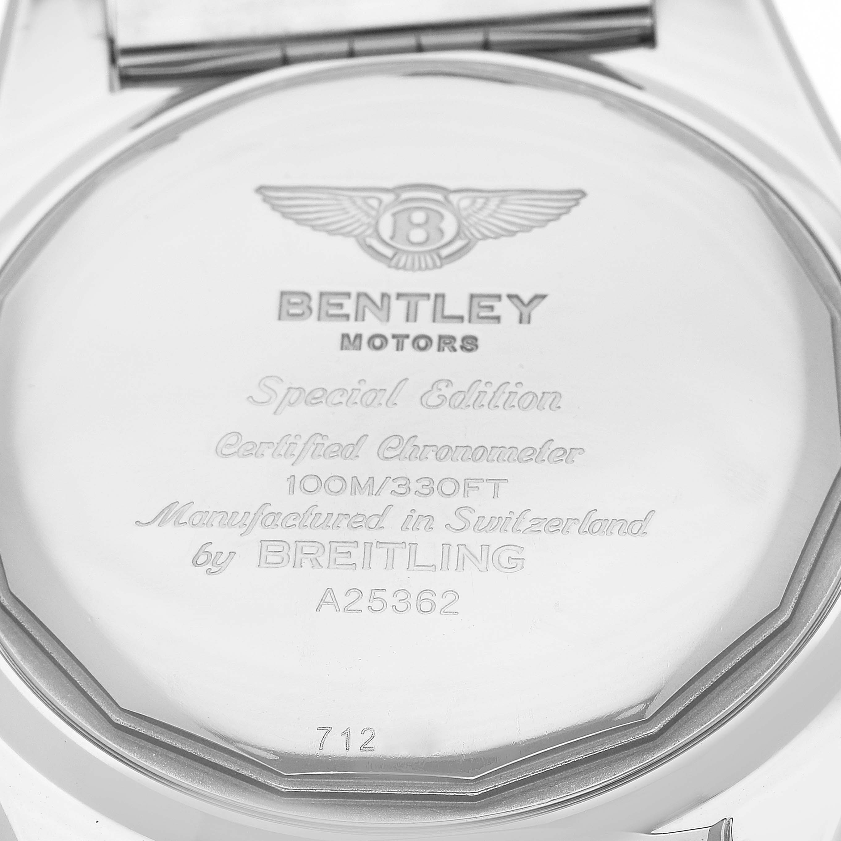 The image shows the back case of a Breitling Bentley A25362 Men's Stainless Steel Blue Dial A25362 Men's Stainless Steel Blue Dial model watch, highlighting its engravings and certification details.