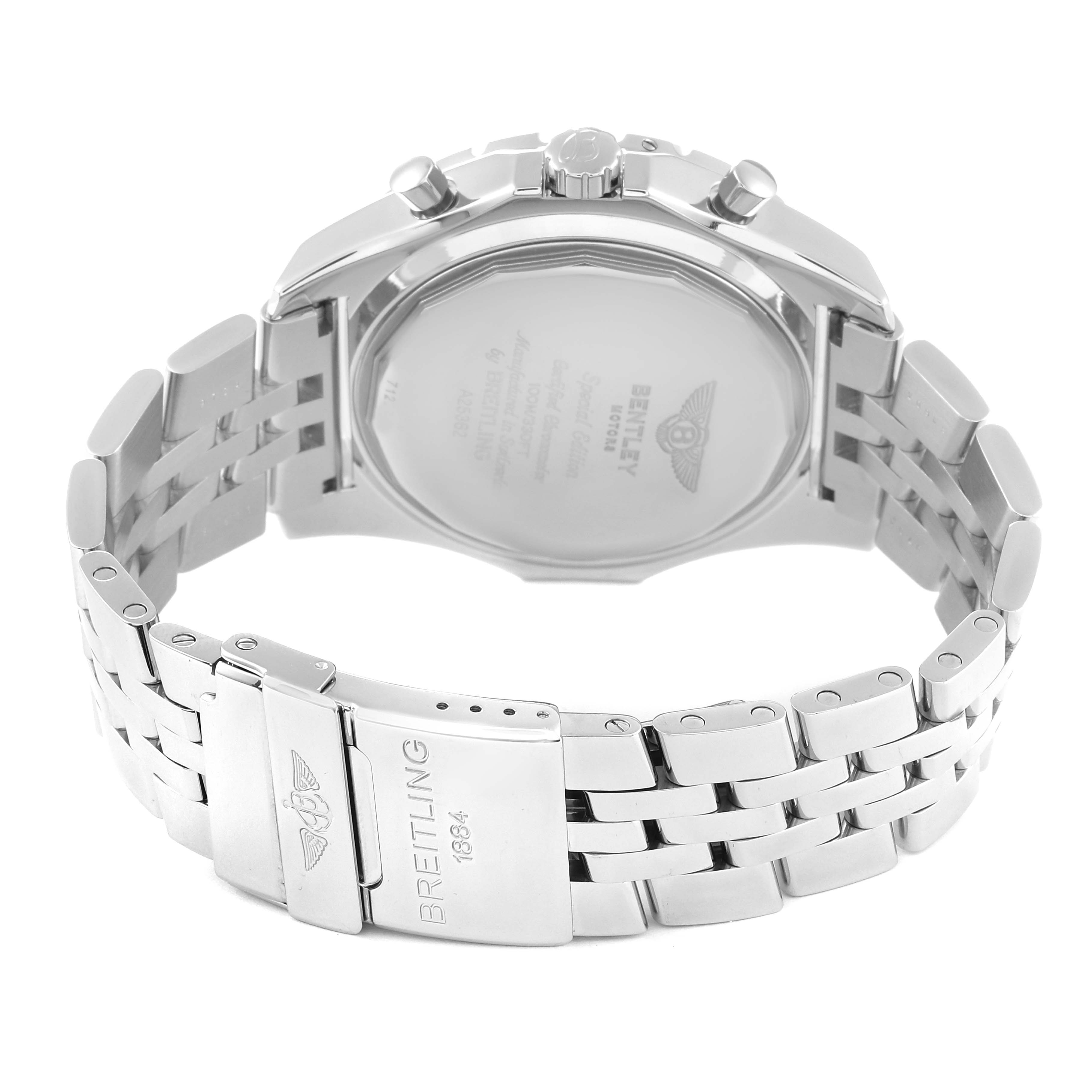 The image shows the back and clasp of the Breitling Bentley A25362 Men's Stainless Steel Blue Dial A25362 Men's Stainless Steel Blue Dial model watch from a slightly top view angle.