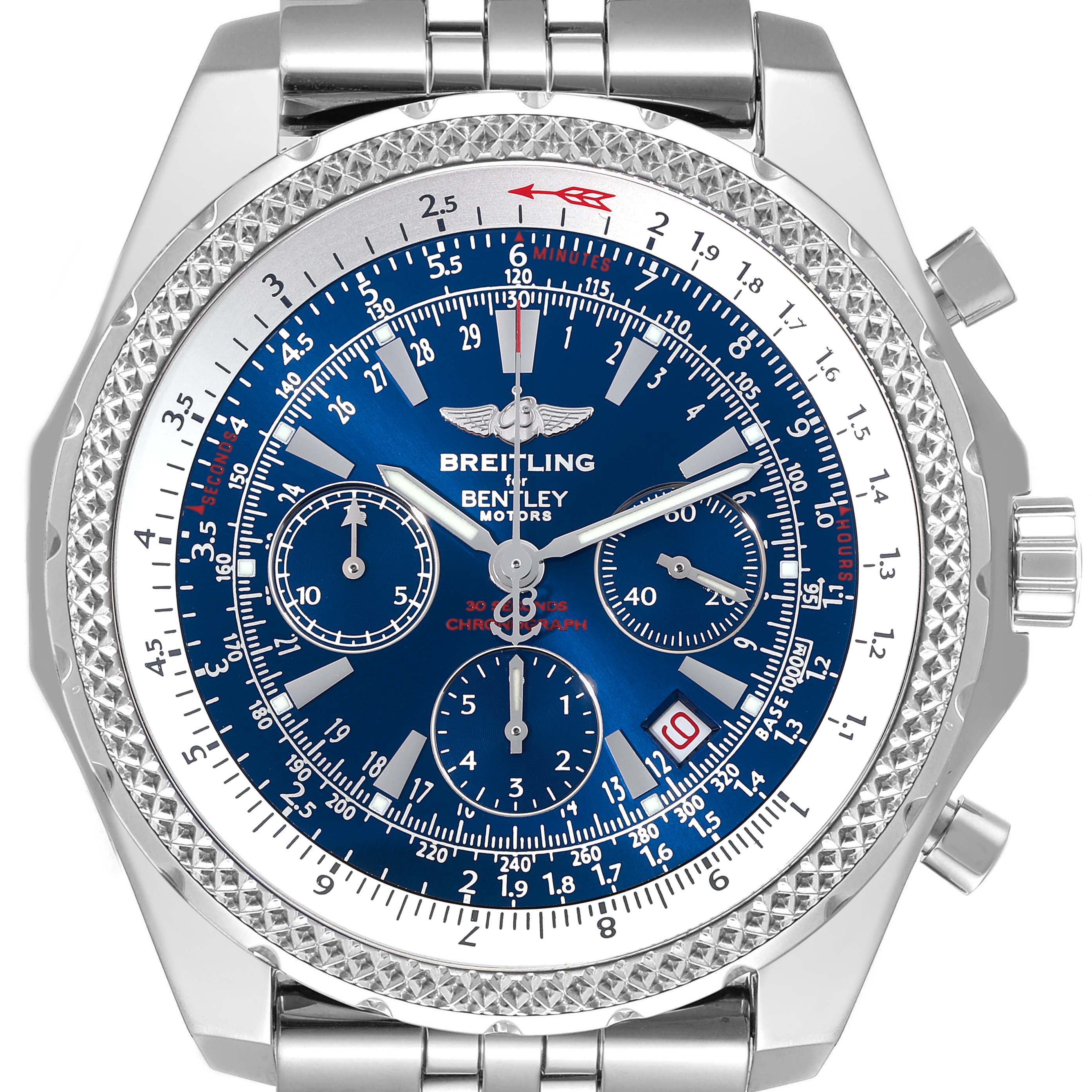 The image shows a front view of a Breitling Bentley A25362 Men's Stainless Steel Blue Dial A25362 Men's Stainless Steel Blue Dial watch, displaying its blue dial, chronograph sub-dials, bezel, and pushers.