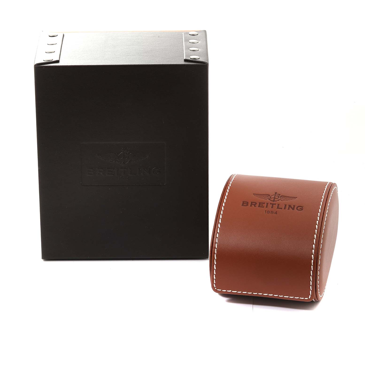 The image shows the Breitling Bentley A25362 Men's Stainless Steel Blue Dial A25362 Men's Stainless Steel Blue Dial model's black box and brown leather case from a front angle.