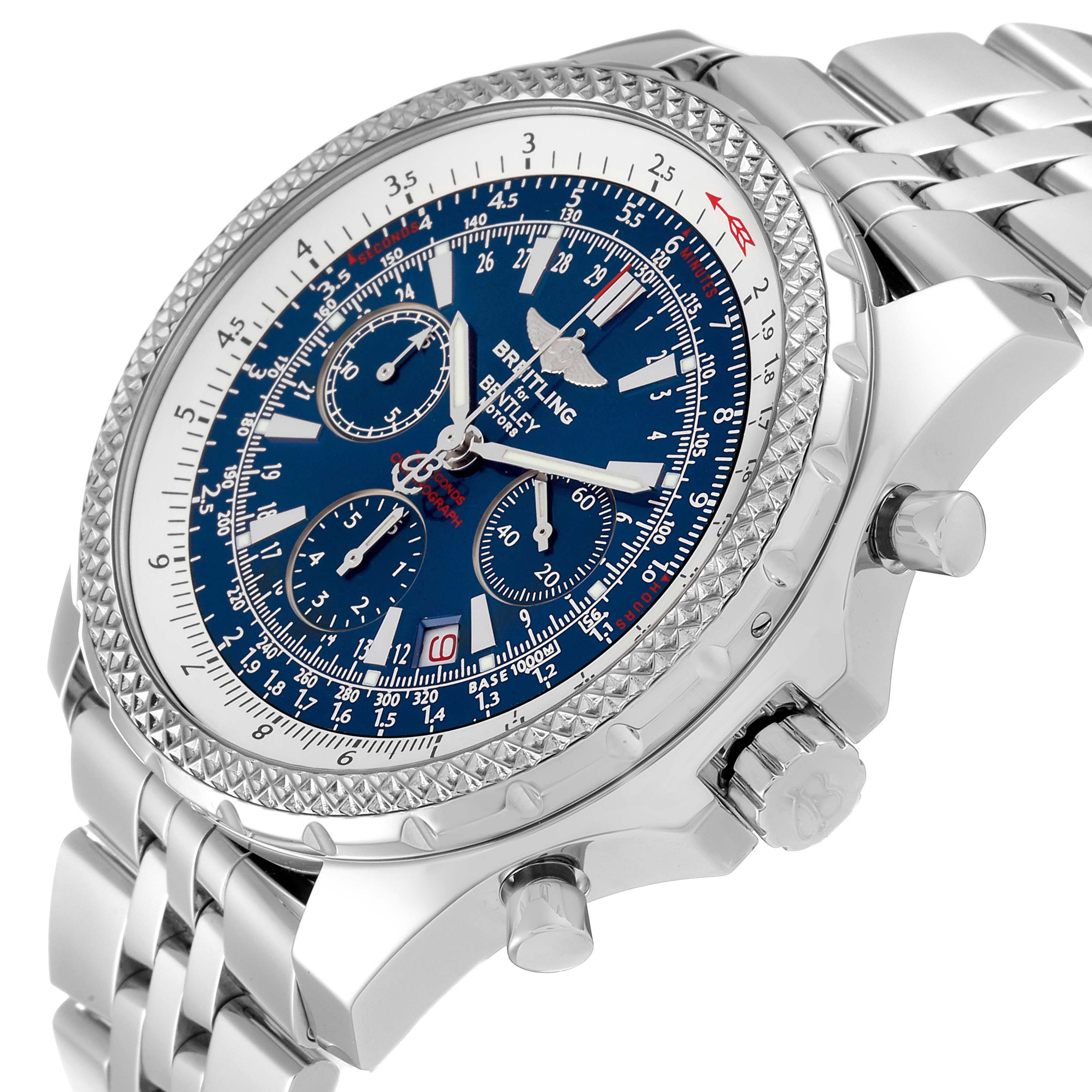 The Breitling Bentley A25362 Men's Stainless Steel Blue Dial A25362 Men's Stainless Steel Blue Dial watch is shown at a 3/4 angle, highlighting its blue dial, bezel, crown, pushers, and stainless steel bracelet.