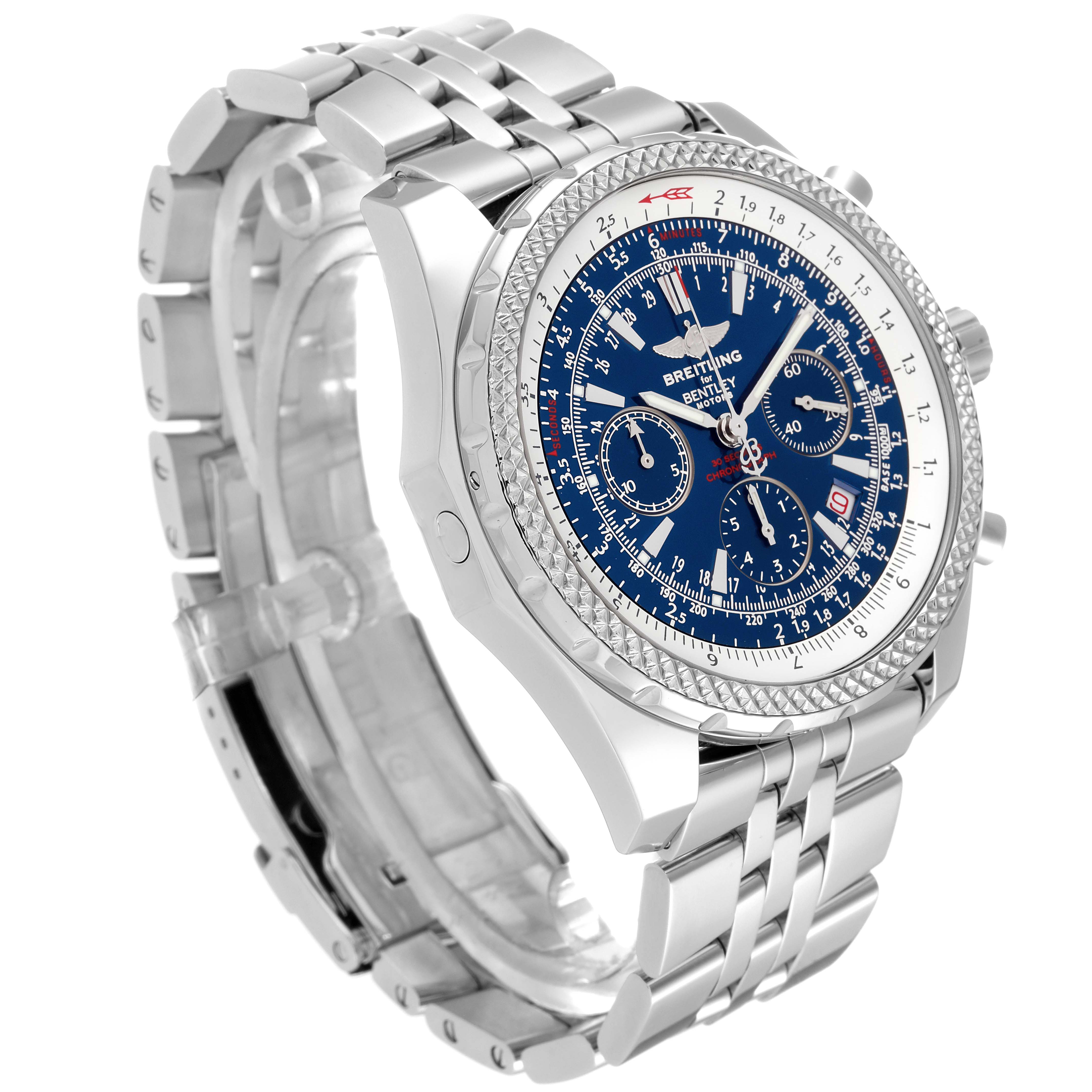The image shows a side angle view of a Breitling Bentley A25362 Men's Stainless Steel Blue Dial A25362 Men's Stainless Steel Blue Dial model watch, highlighting its stainless steel bracelet, bezel, and blue dial.