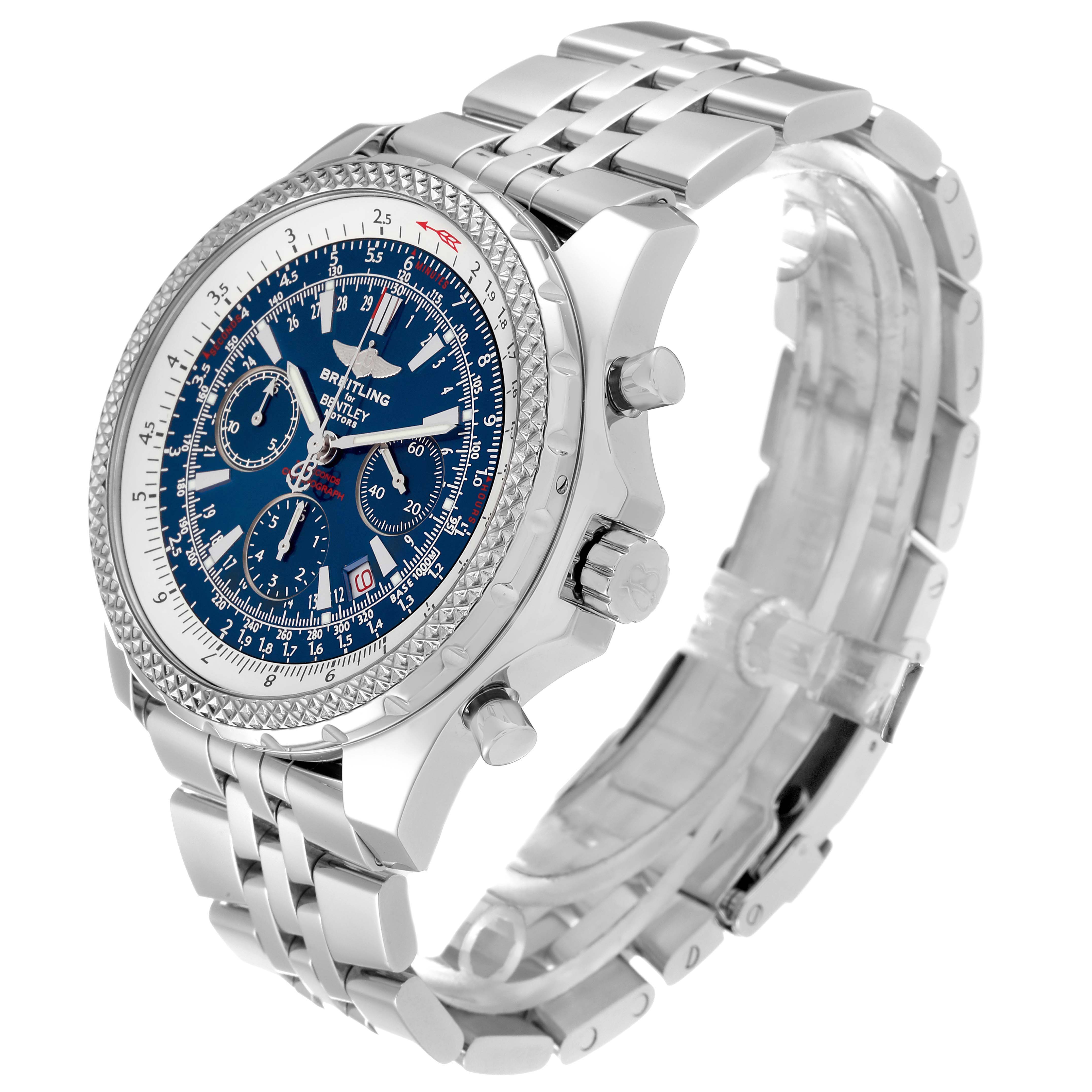 The Breitling Bentley A25362 Men's Stainless Steel Blue Dial A25362 Men's Stainless Steel Blue Dial watch is shown at a three-quarter angle, displaying the face, bezel, crown, and stainless steel bracelet.