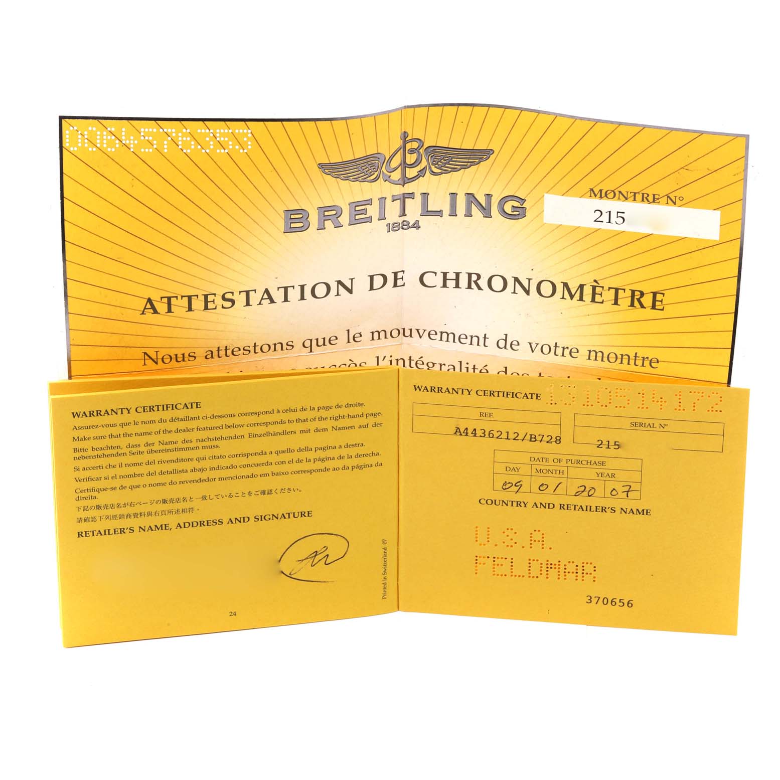 The image shows warranty and chronometer certificates for a Breitling Bentley A4436212/B728 Men's Stainless Steel Black Dial A4436212/B728 Men's Stainless Steel Black Dial model watch.