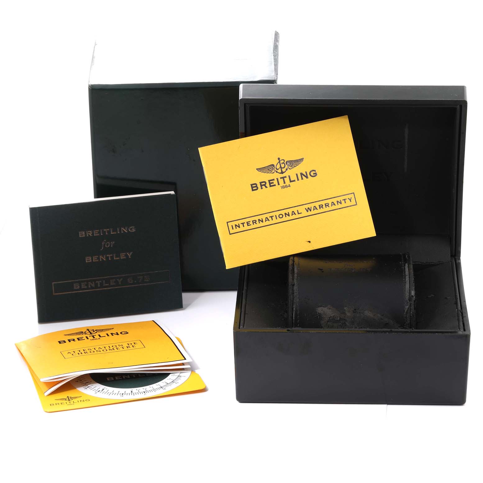 The image shows the packaging, manuals, and warranty card for a Breitling Bentley A4436212/B728 Men's Stainless Steel Black Dial A4436212/B728 Men's Stainless Steel Black Dial model watch.