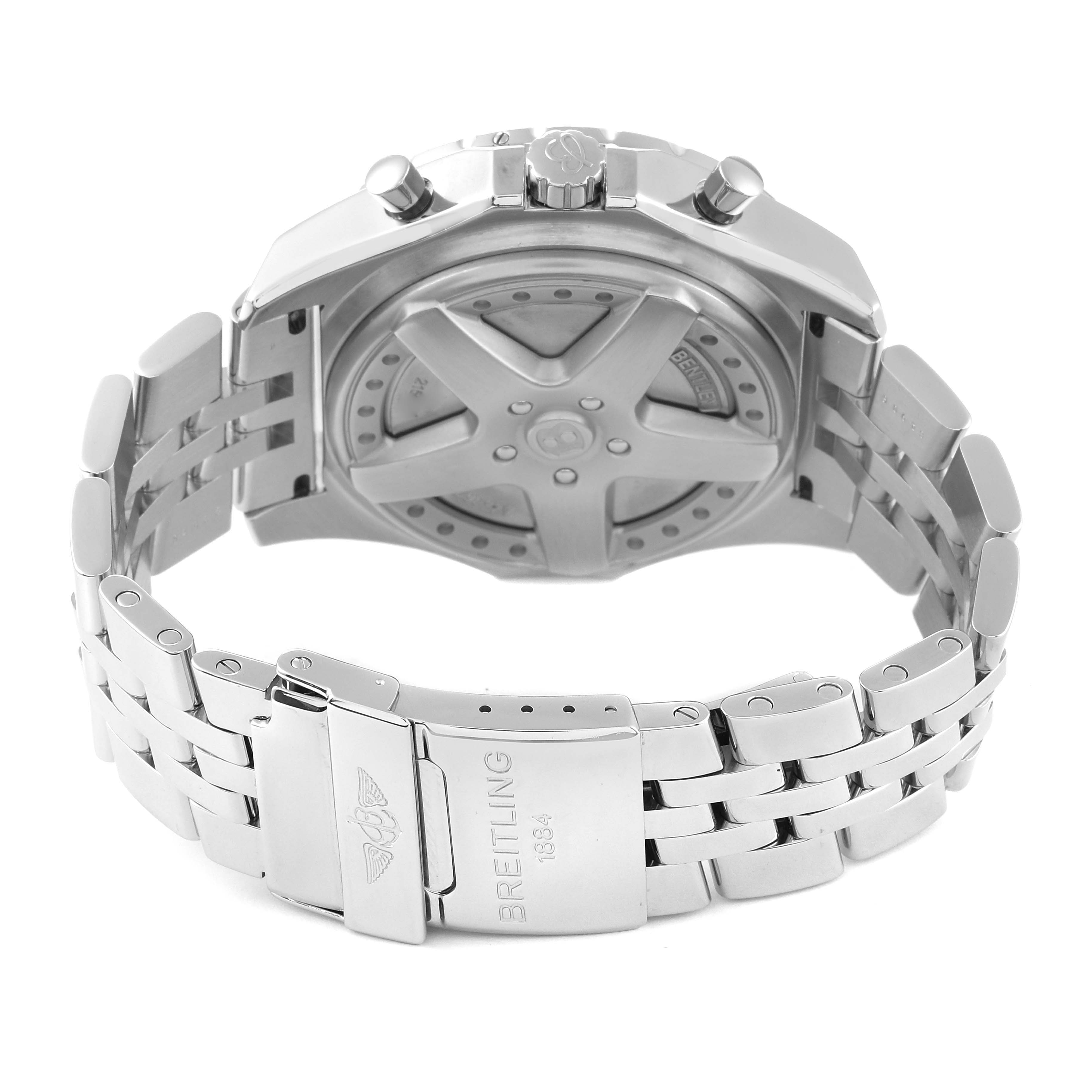 The image shows the back view of a Breitling Bentley A4436212/B728 Men's Stainless Steel Black Dial A4436212/B728 Men's Stainless Steel Black Dial watch, focusing on its bracelet and clasp mechanism.