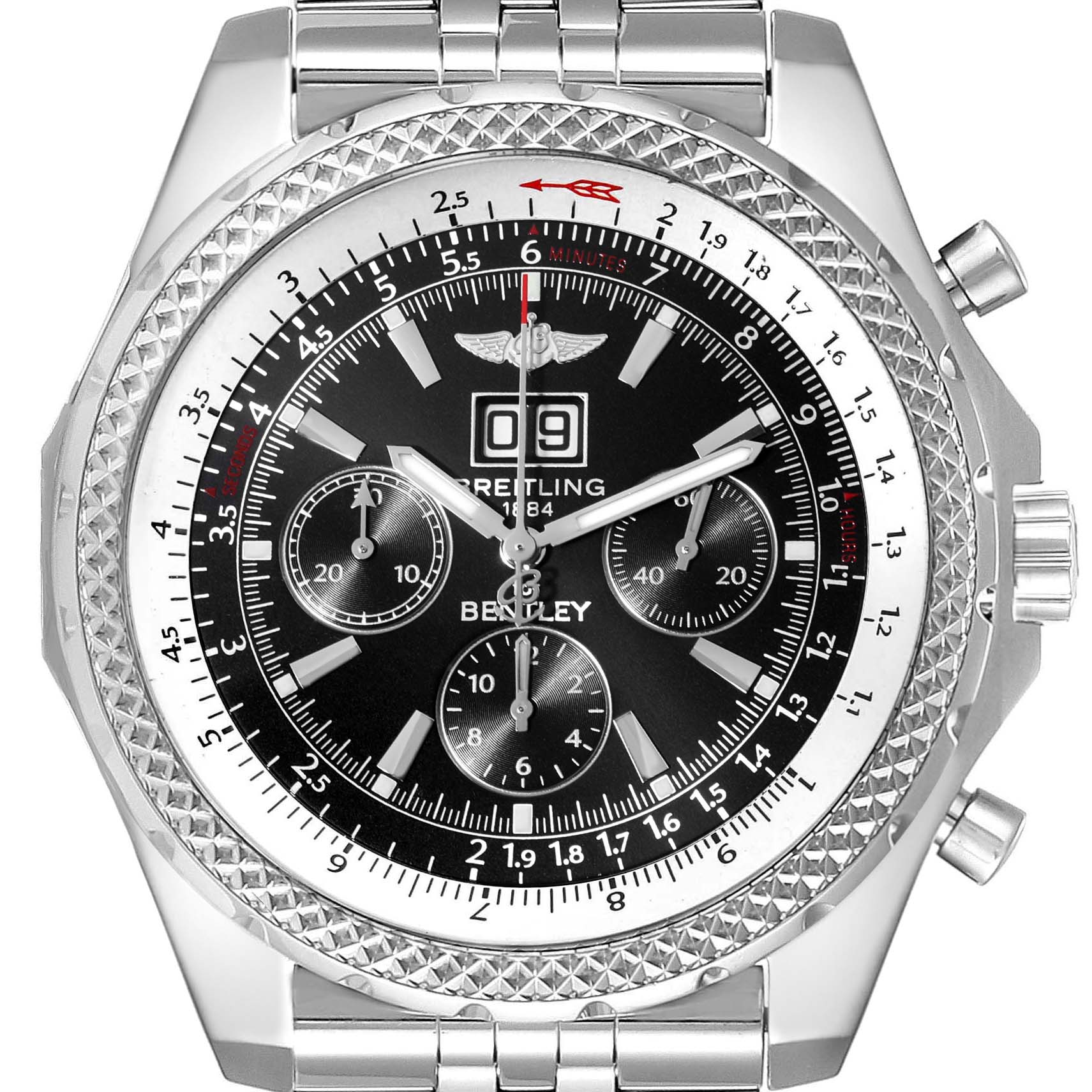 The image shows a front view of the Breitling Bentley A4436212/B728 Men's Stainless Steel Black Dial A4436212/B728 Men's Stainless Steel Black Dial watch, highlighting its dial, subdials, bezel, and bracelet.