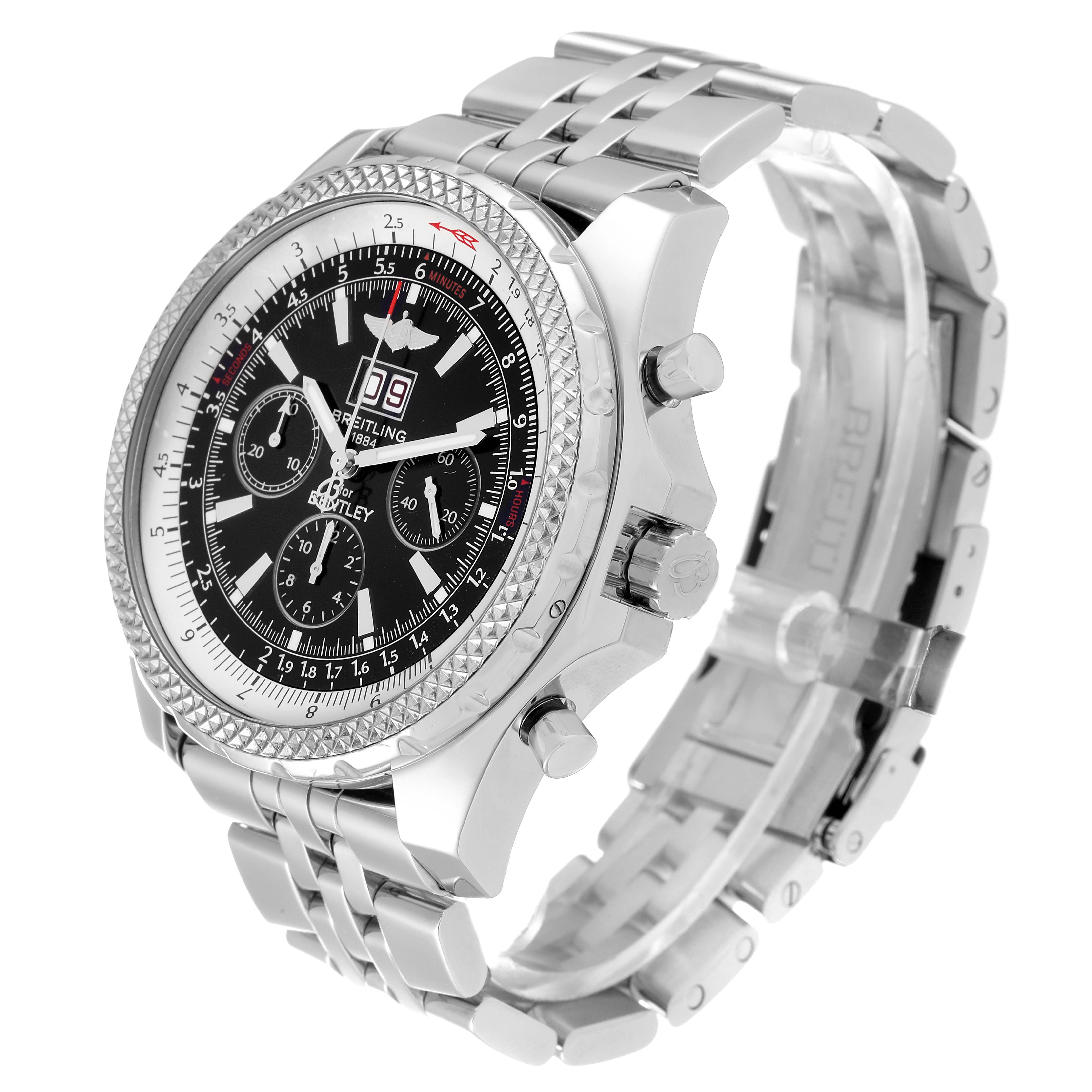 The Bentley model by Breitling is shown at an angle highlighting the watch face, bezel, crown, and metal bracelet.