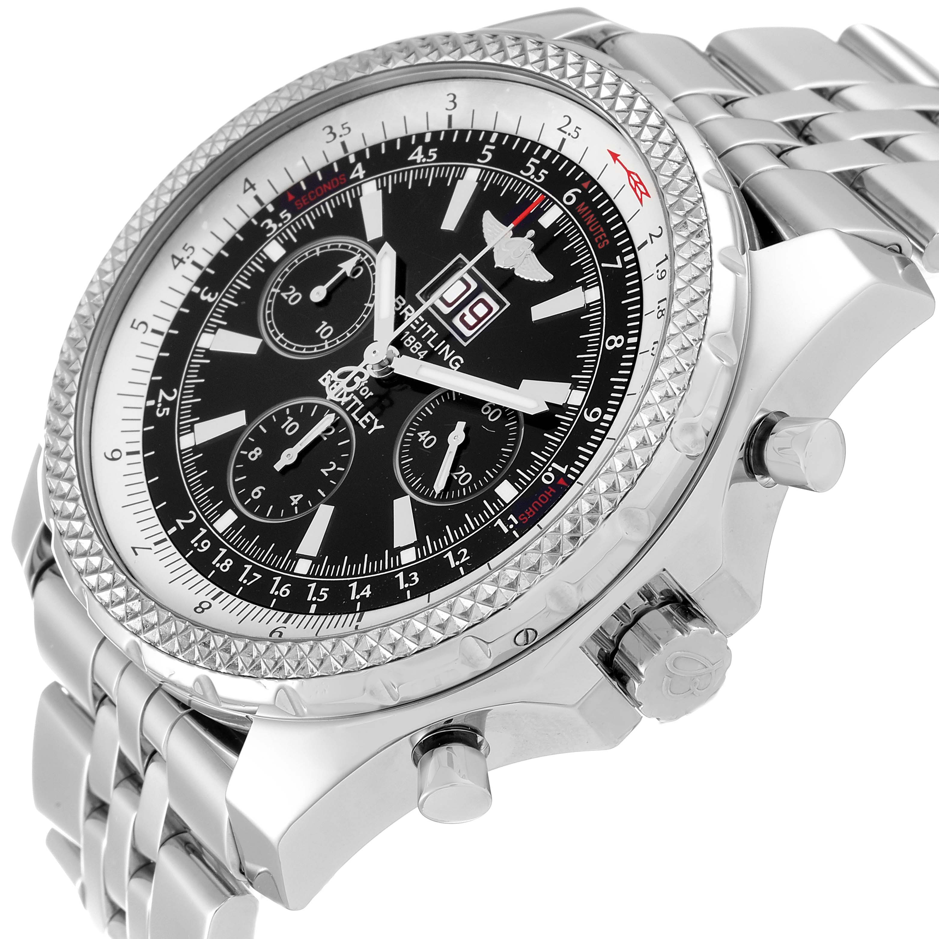 The image shows a Breitling Bentley A4436212/B728 Men's Stainless Steel Black Dial A4436212/B728 Men's Stainless Steel Black Dial model watch, displaying its face, bezel, crown, and part of the stainless steel bracelet at an angle.