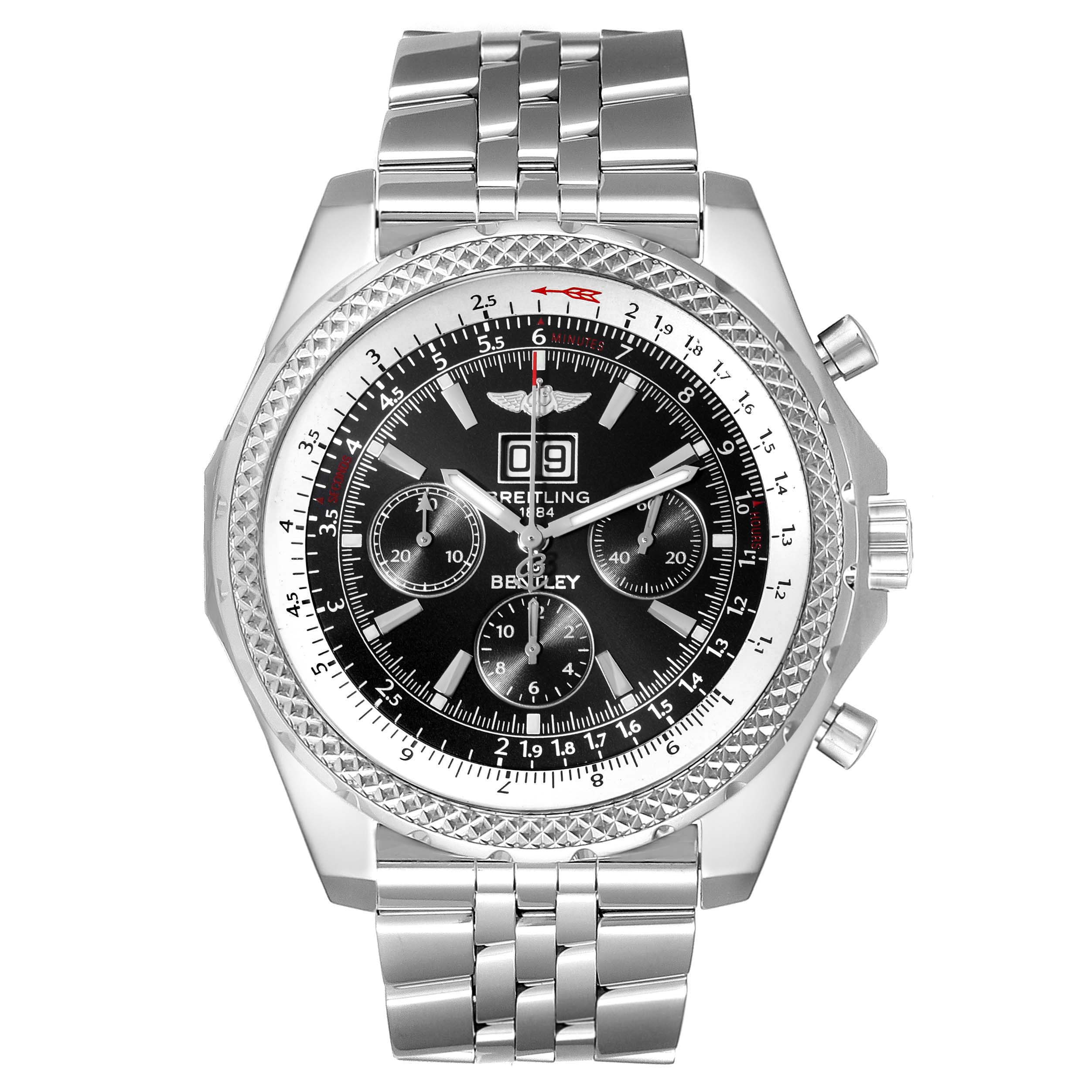 This image shows a front view of the Breitling Bentley A4436212/B728 Men's Stainless Steel Black Dial A4436212/B728 Men's Stainless Steel Black Dial watch, highlighting its dial, bezel, and metal bracelet.