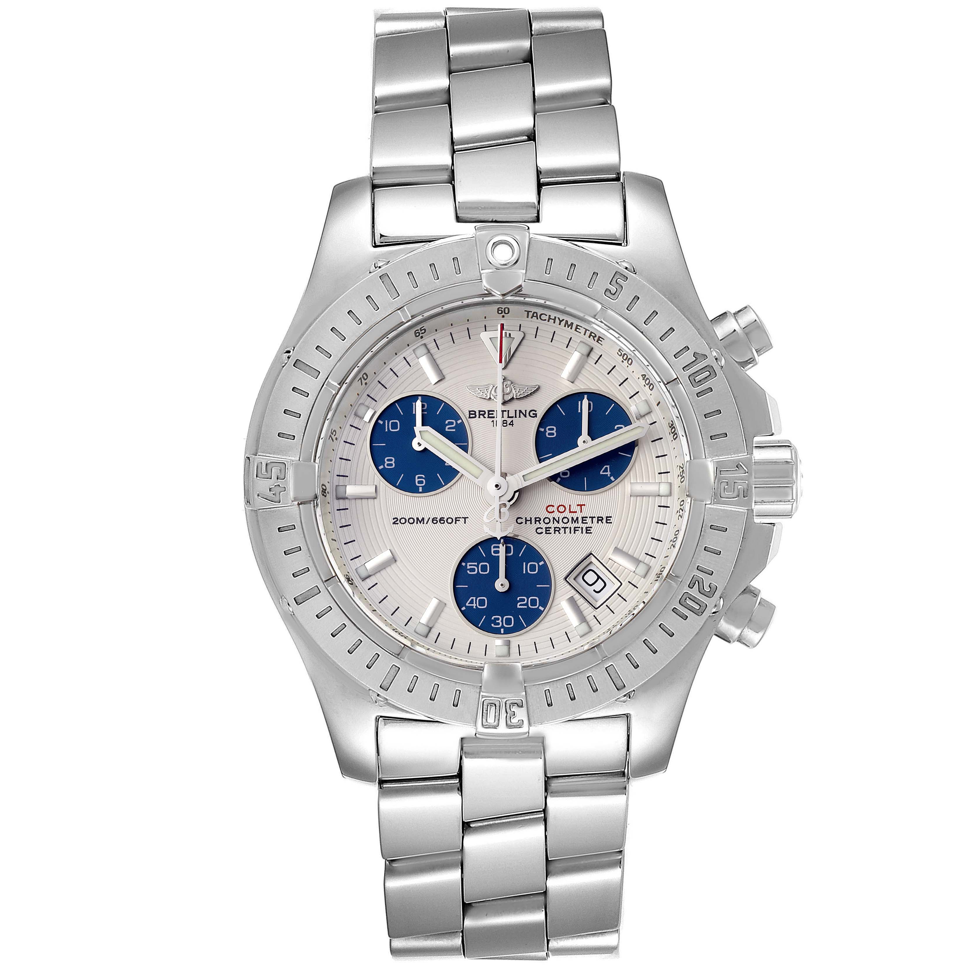 The image shows a front view of a Breitling Colt A73380 Men's Stainless Steel White Dial A73380 Men's Stainless Steel White Dial watch featuring its dial, bezel, and metal bracelet.