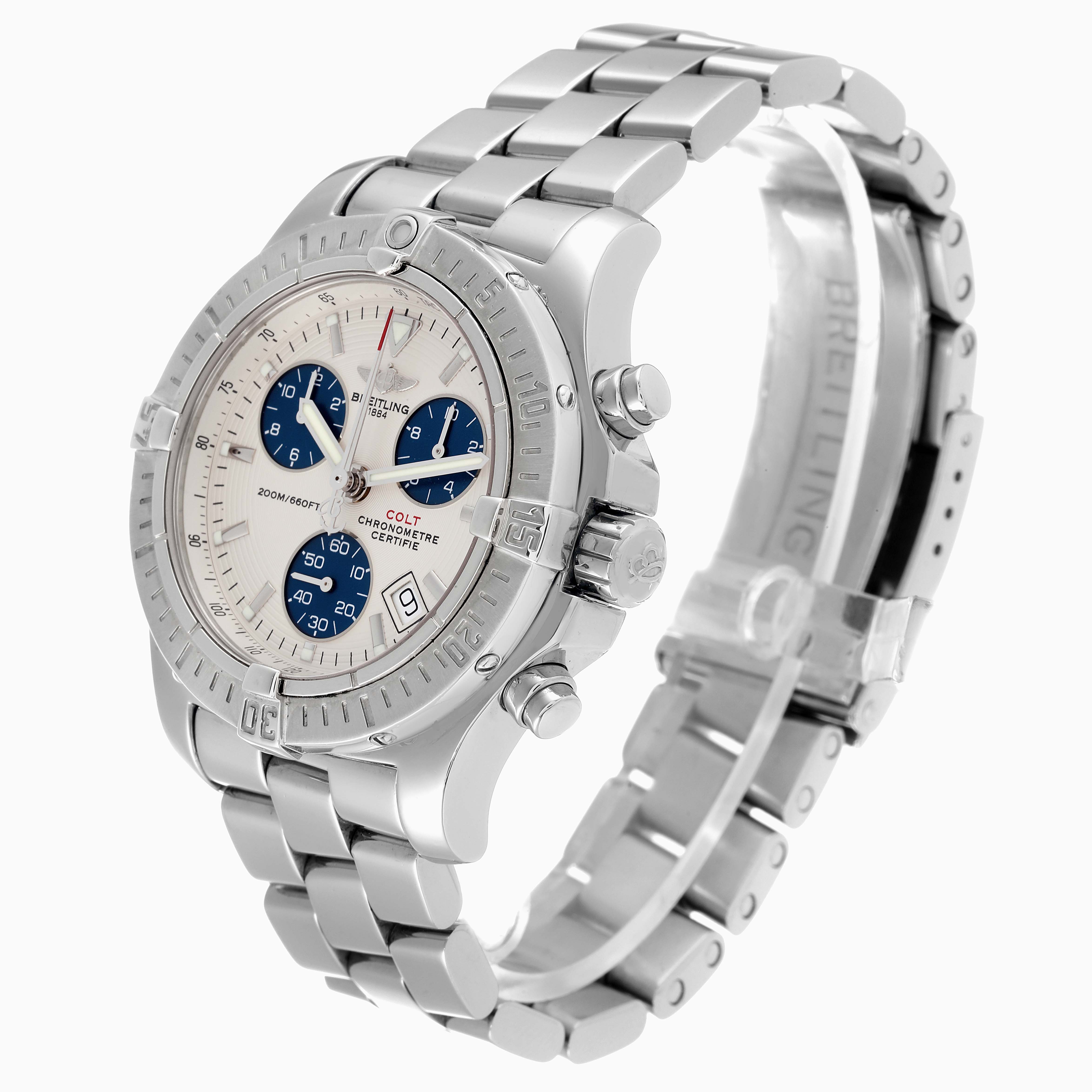 The image shows a Breitling Colt A73380 Men's Stainless Steel White Dial A73380 Men's Stainless Steel White Dial watch at a three-quarter angle, highlighting the face, bezel, and metal bracelet.