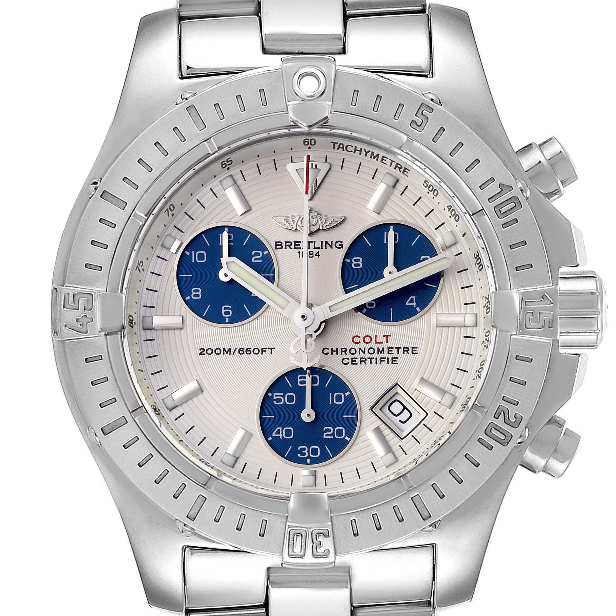 This Breitling Colt A73380 Men's Stainless Steel White Dial A73380 Men's Stainless Steel White Dial watch is shown from a top-down angle, displaying its dial, bezel, and part of the stainless steel bracelet.