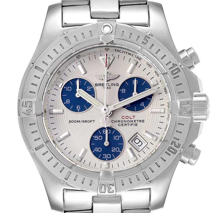 Breitling Colt Chronograph Silver Dial Blue Subdials Steel Mens Watch A73380 SwissWatchExpo
