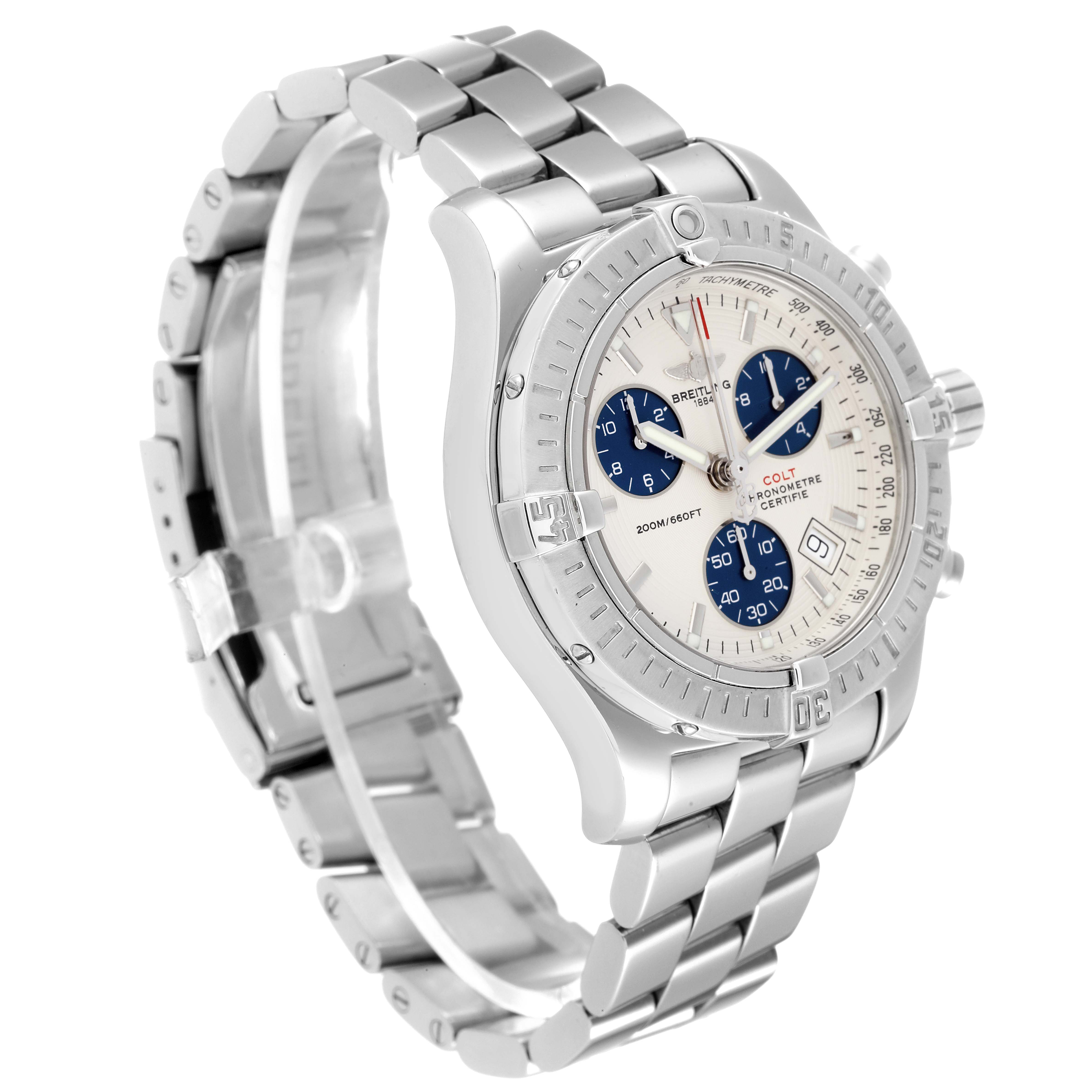 The image shows a Breitling Colt A73380 Men's Stainless Steel White Dial A73380 Men's Stainless Steel White Dial watch from a three-quarter angle, highlighting the dial, bezel, and metal bracelet.