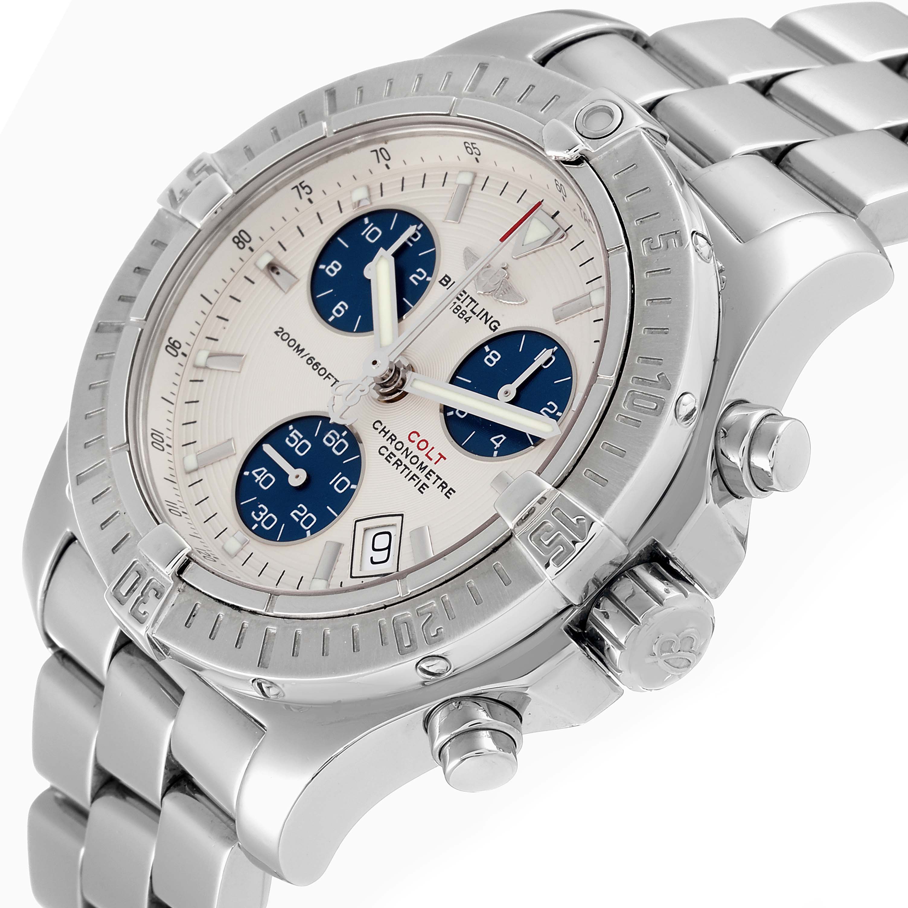 The Breitling Colt A73380 Men's Stainless Steel White Dial A73380 Men's Stainless Steel White Dial watch is shown at an oblique angle, highlighting the dial, bezel, subdials, and stainless steel bracelet.