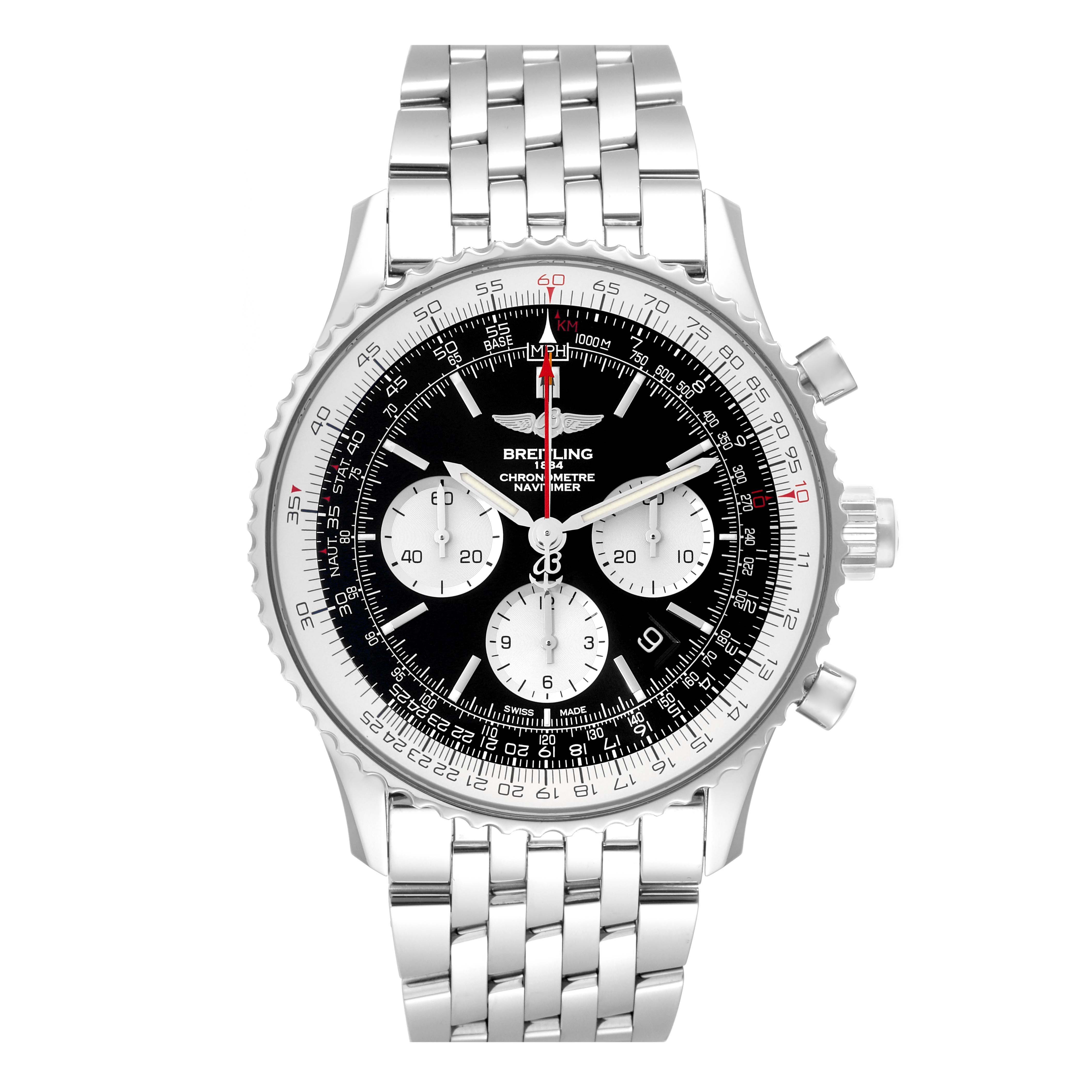 This image shows a front view of a Breitling Navitimer AB0310 Men's Stainless Steel Black Dial AB0310 Men's Stainless Steel Black Dial watch, highlighting the face, bezel, and bracelet.