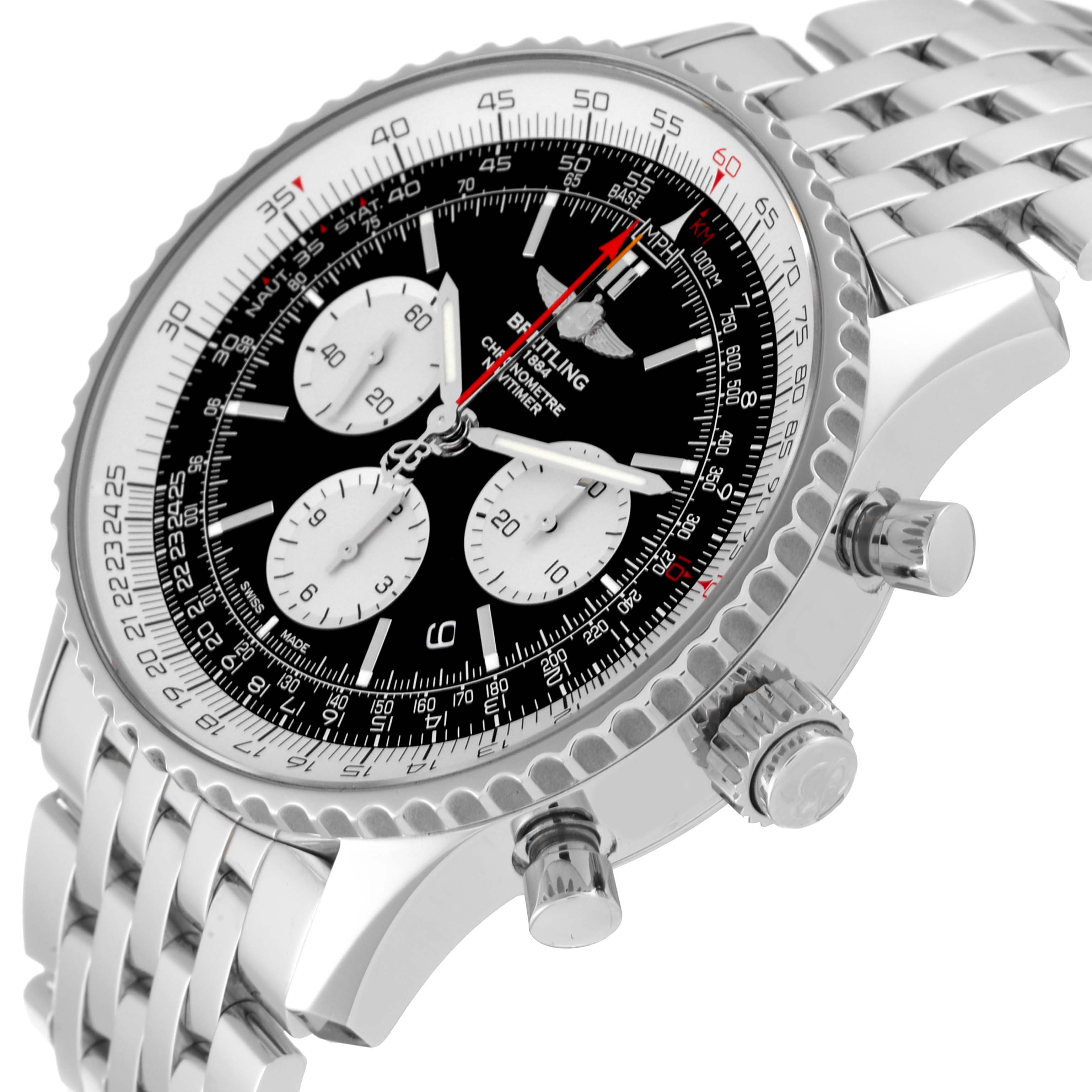 The image shows a Breitling Navitimer AB0310 Men's Stainless Steel Black Dial AB0310 Men's Stainless Steel Black Dial watch at an angle, displaying the face, crown, pushers, and part of the bracelet.