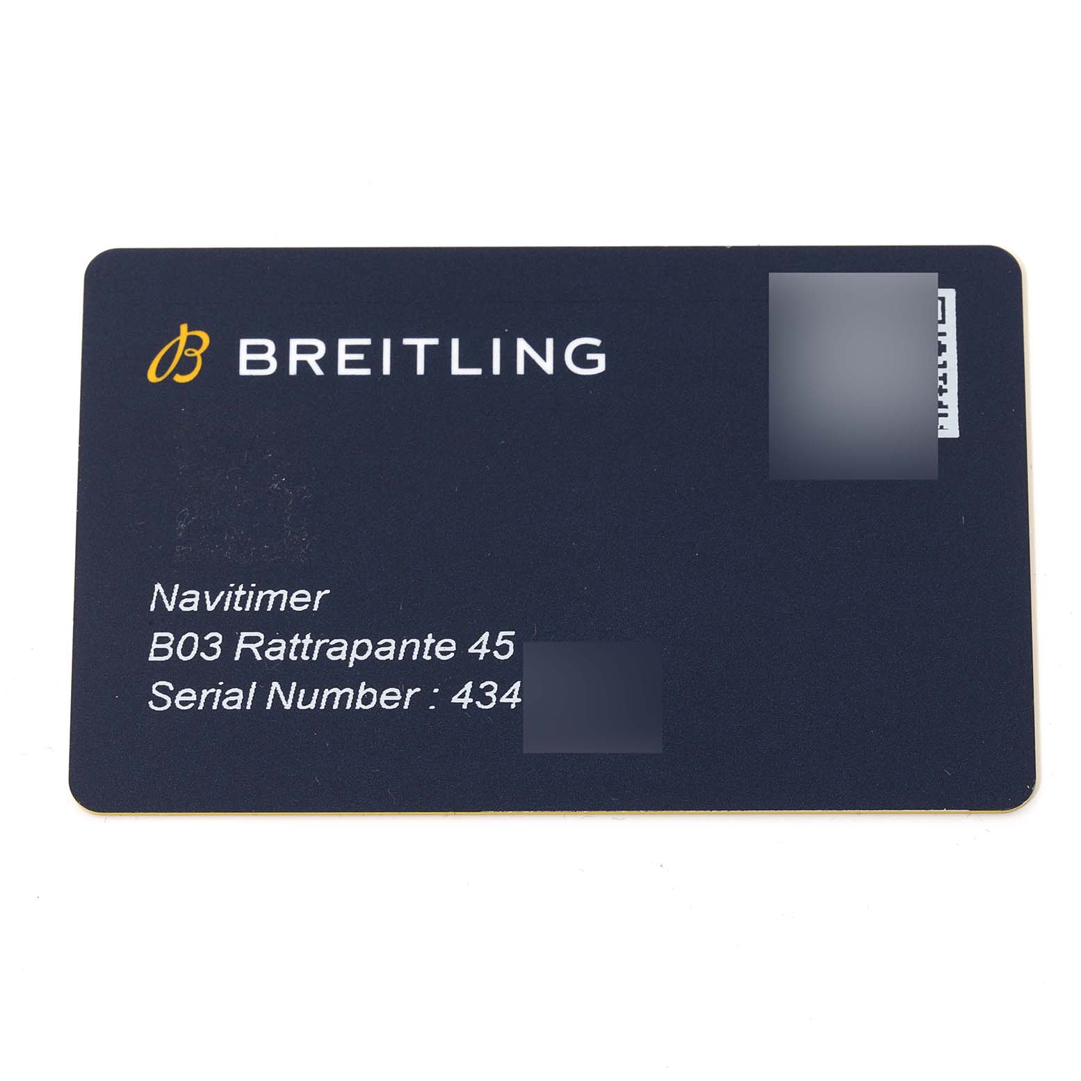 The image shows a Breitling Navitimer AB0310 Men's Stainless Steel Black Dial AB0310 Men's Stainless Steel Black Dial B03 Rattrapante 45 warranty card with the serial number partially obscured.