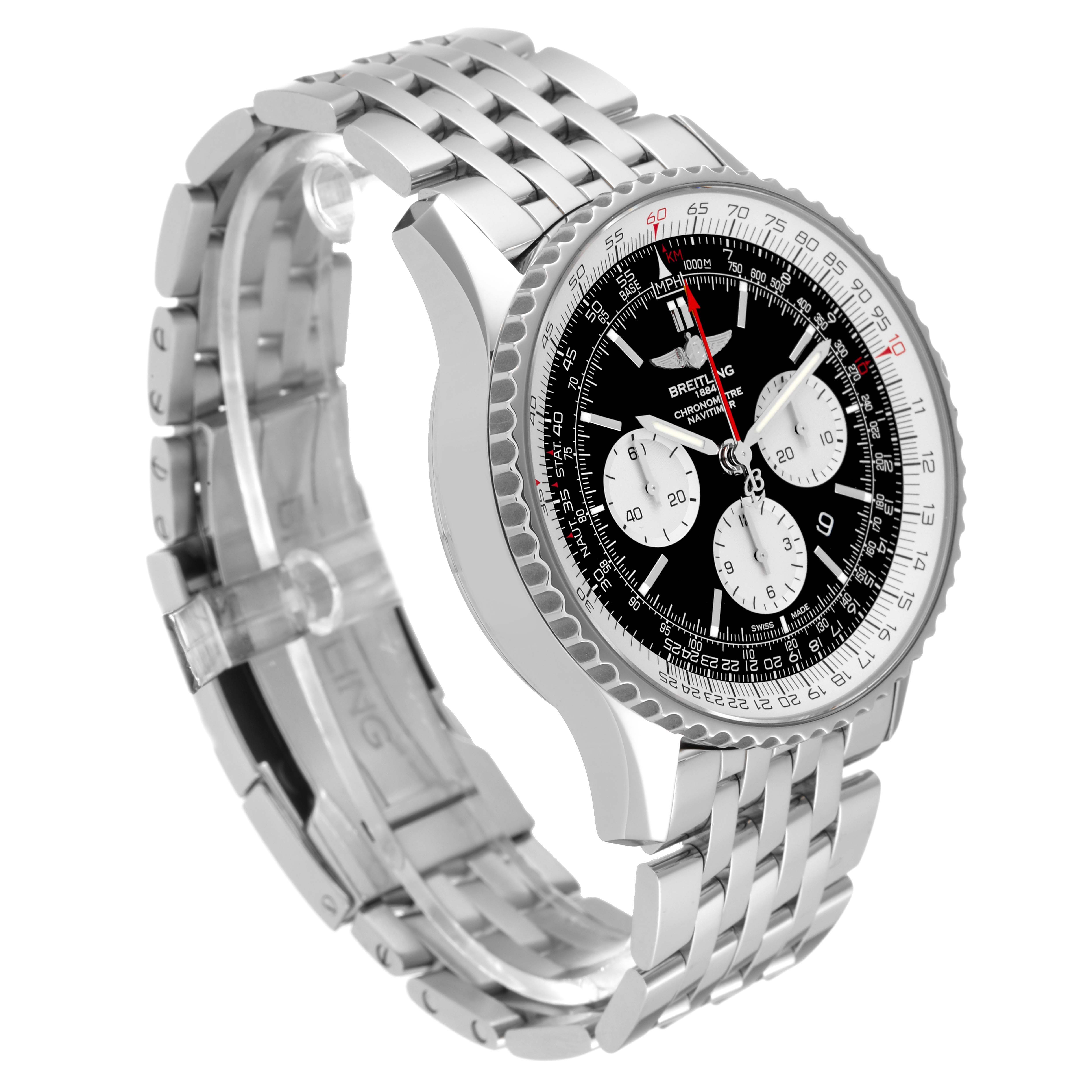 This image shows a Breitling Navitimer AB0310 Men's Stainless Steel Black Dial AB0310 Men's Stainless Steel Black Dial watch at a slight angle, highlighting the bracelet, case, and dial with subdials.