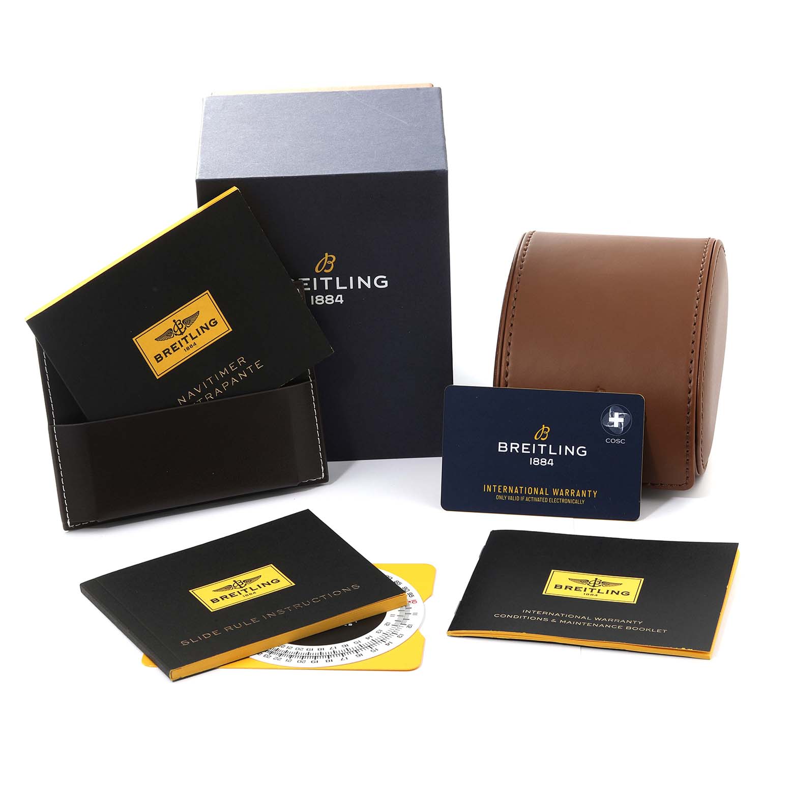 The image shows various accessories for the Breitling Navitimer AB0310 Men's Stainless Steel Black Dial AB0310 Men's Stainless Steel Black Dial, including a box, warranty card, manuals, and a leather case.