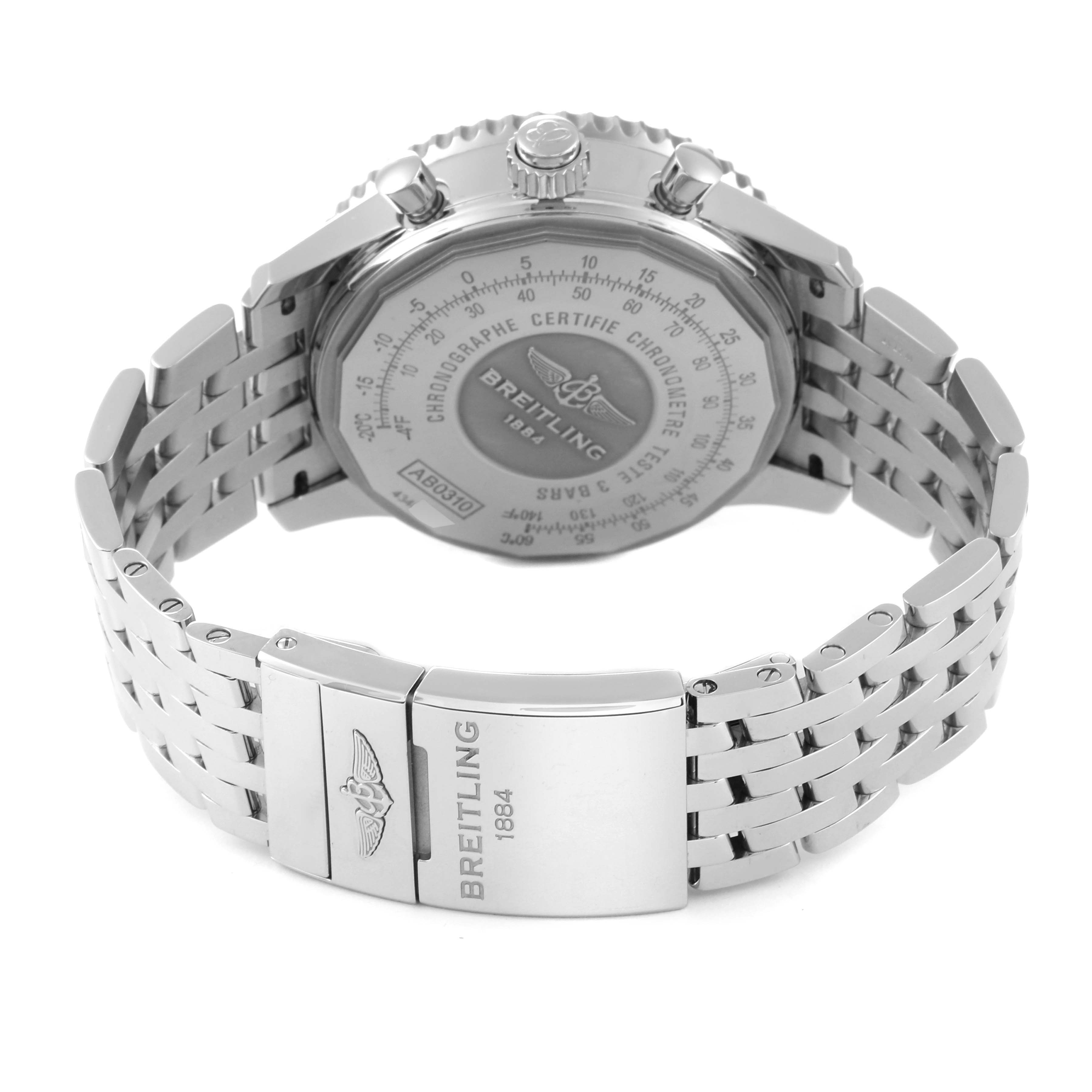 The image shows the back case and bracelet clasp of the Breitling Navitimer AB0310 Men's Stainless Steel Black Dial AB0310 Men's Stainless Steel Black Dial watch.