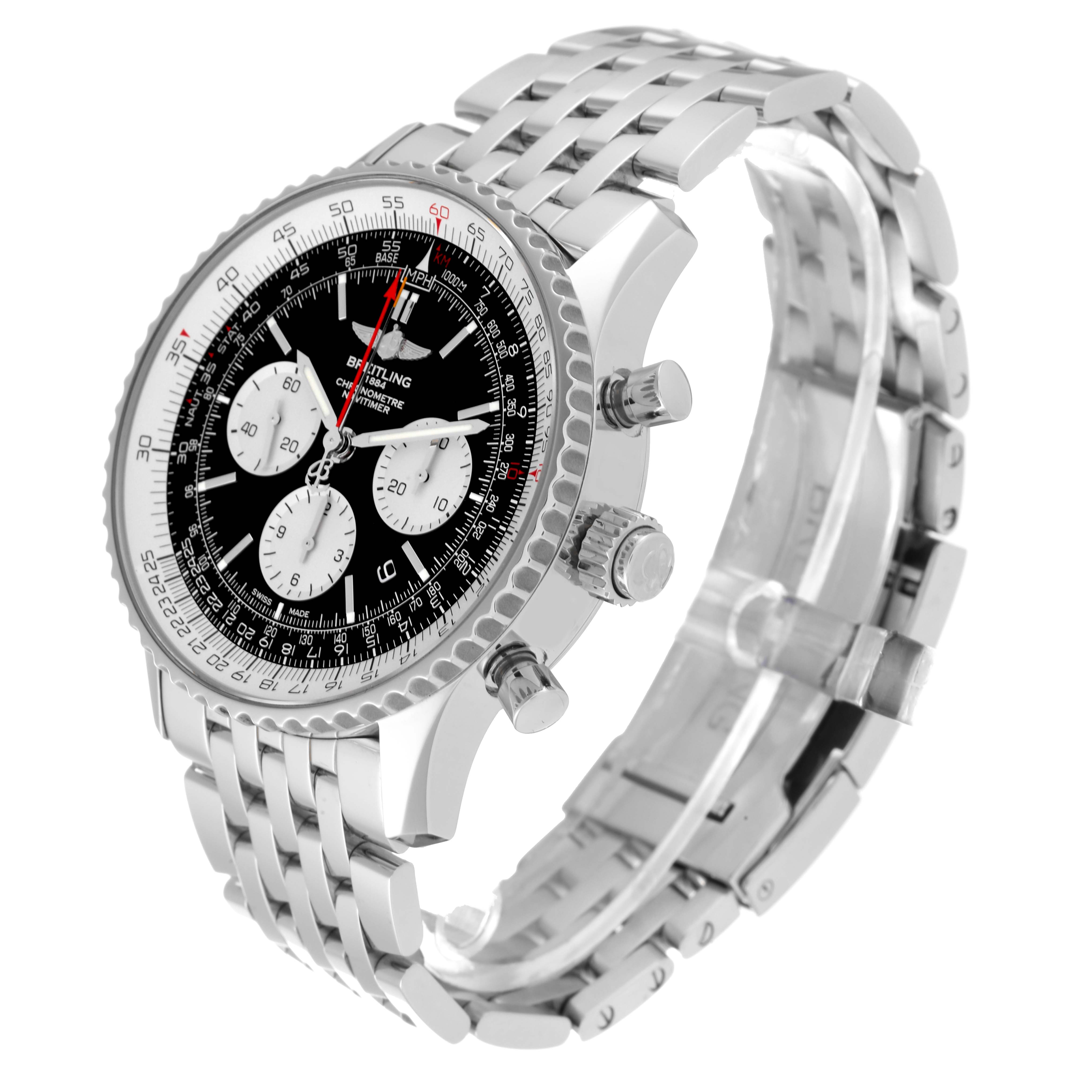 The Breitling Navitimer AB0310 Men's Stainless Steel Black Dial AB0310 Men's Stainless Steel Black Dial watch is shown at a three-quarter angle, highlighting the face, bezel, crown, pushers, and bracelet.
