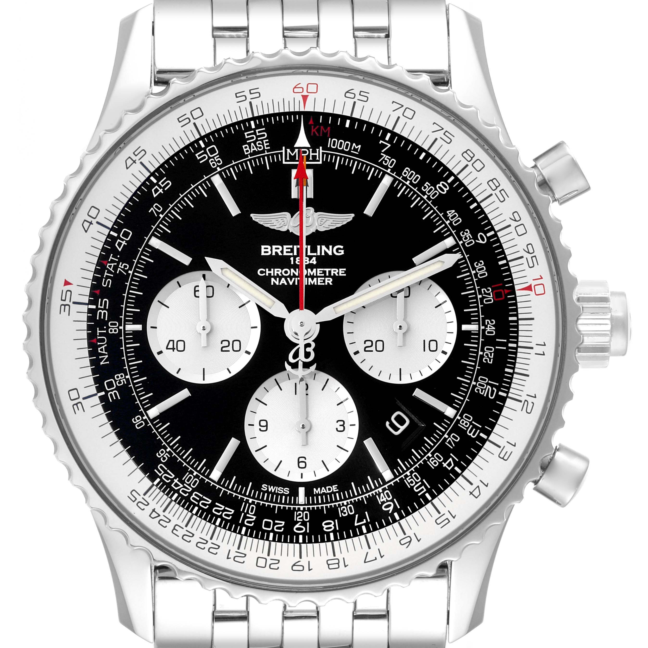This image shows a frontal view of a Breitling Navitimer AB0310 Men's Stainless Steel Black Dial AB0310 Men's Stainless Steel Black Dial chronograph watch highlighting its dial, subdials, bezel, and bracelet.