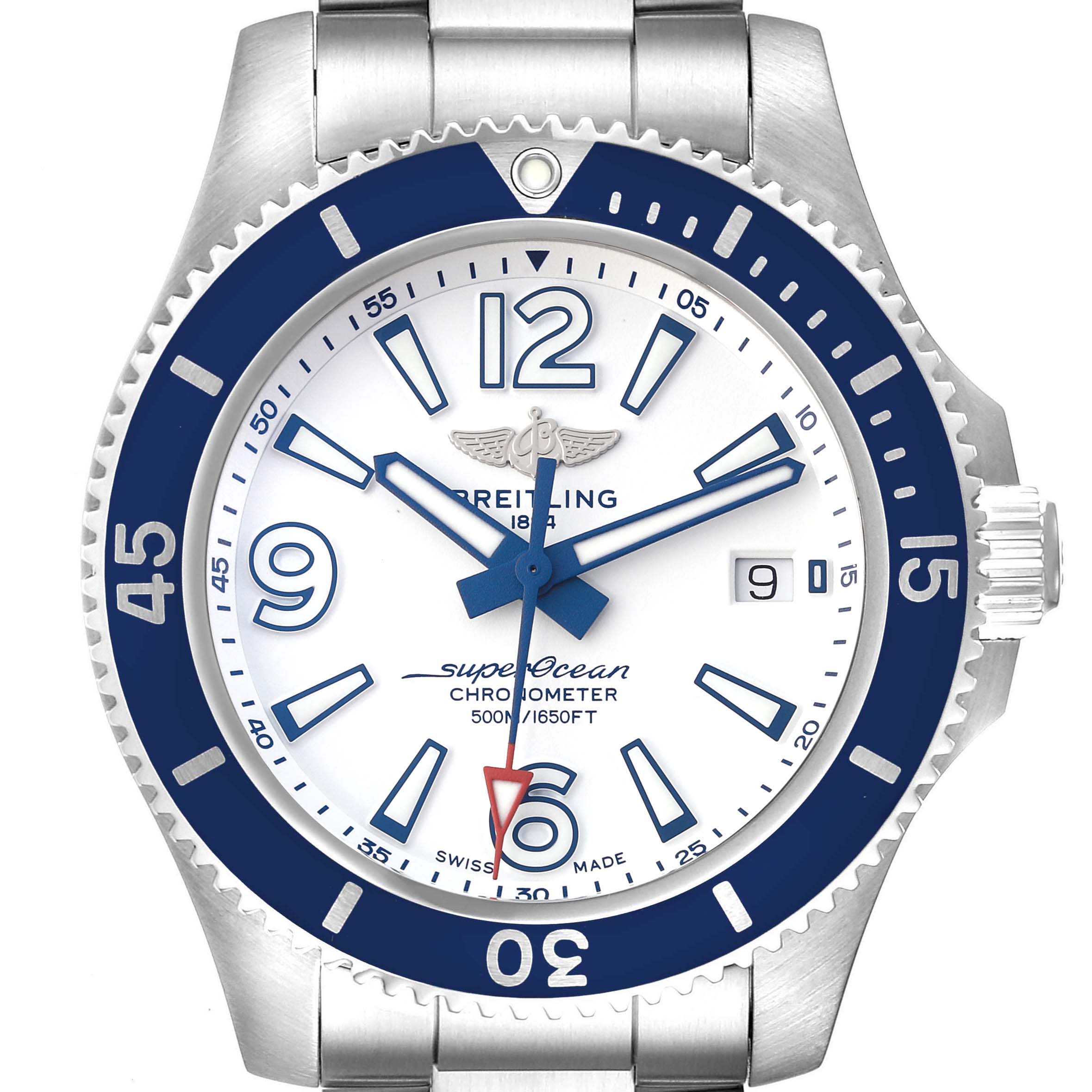 The image shows a Breitling Superocean A17366 Men's Stainless Steel White Dial A17366 Men's Stainless Steel White Dial watch from the front, highlighting its dial, bezel, crown, hour markers, and stainless steel bracelet.