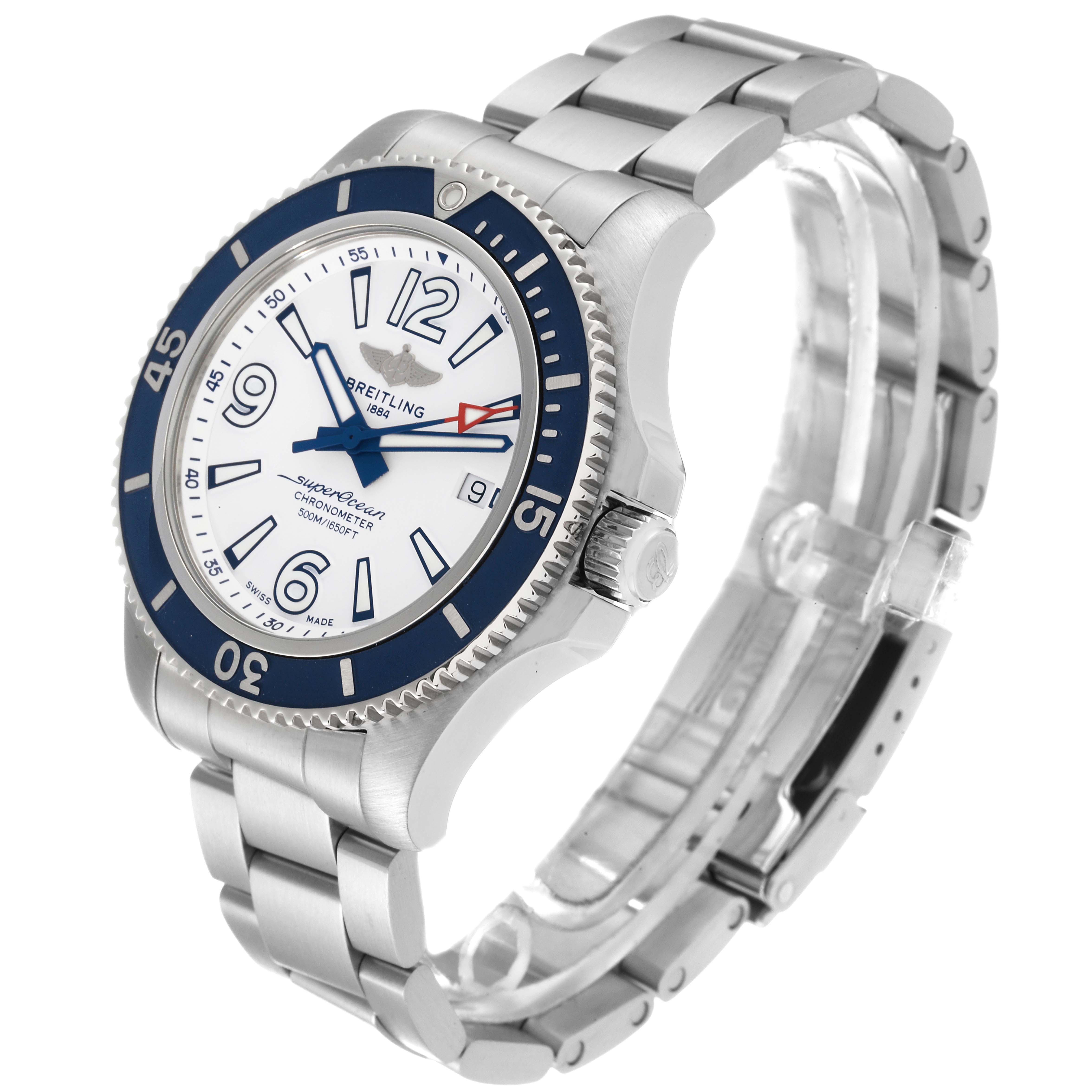 The Breitling Superocean A17366 Men's Stainless Steel White Dial A17366 Men's Stainless Steel White Dial model watch is shown at a slight angle, displaying the face, bezel, crown, and metal bracelet.