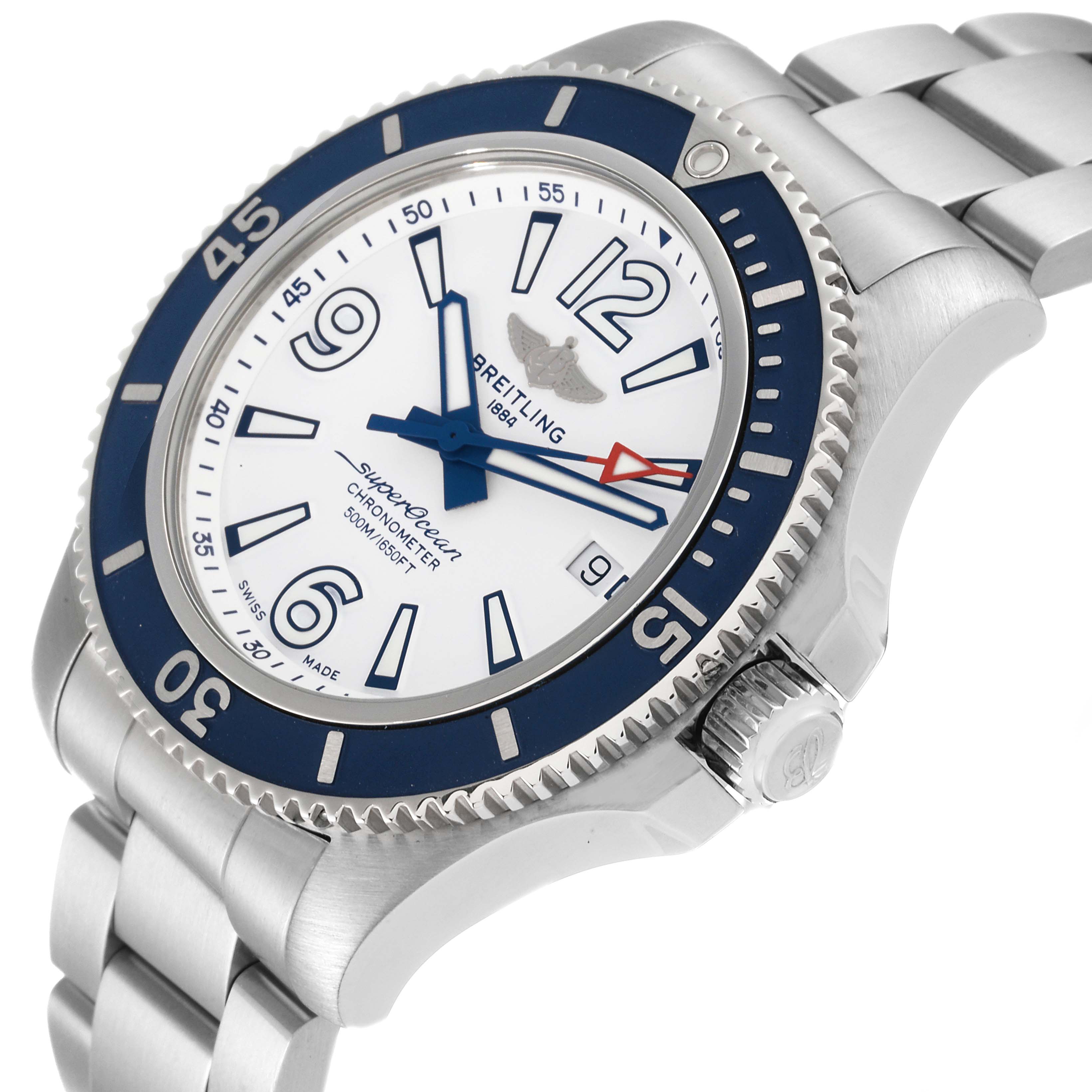The image shows a side-angle view of the Breitling Superocean A17366 Men's Stainless Steel White Dial A17366 Men's Stainless Steel White Dial watch, highlighting the bezel, crown, case, and part of the bracelet.