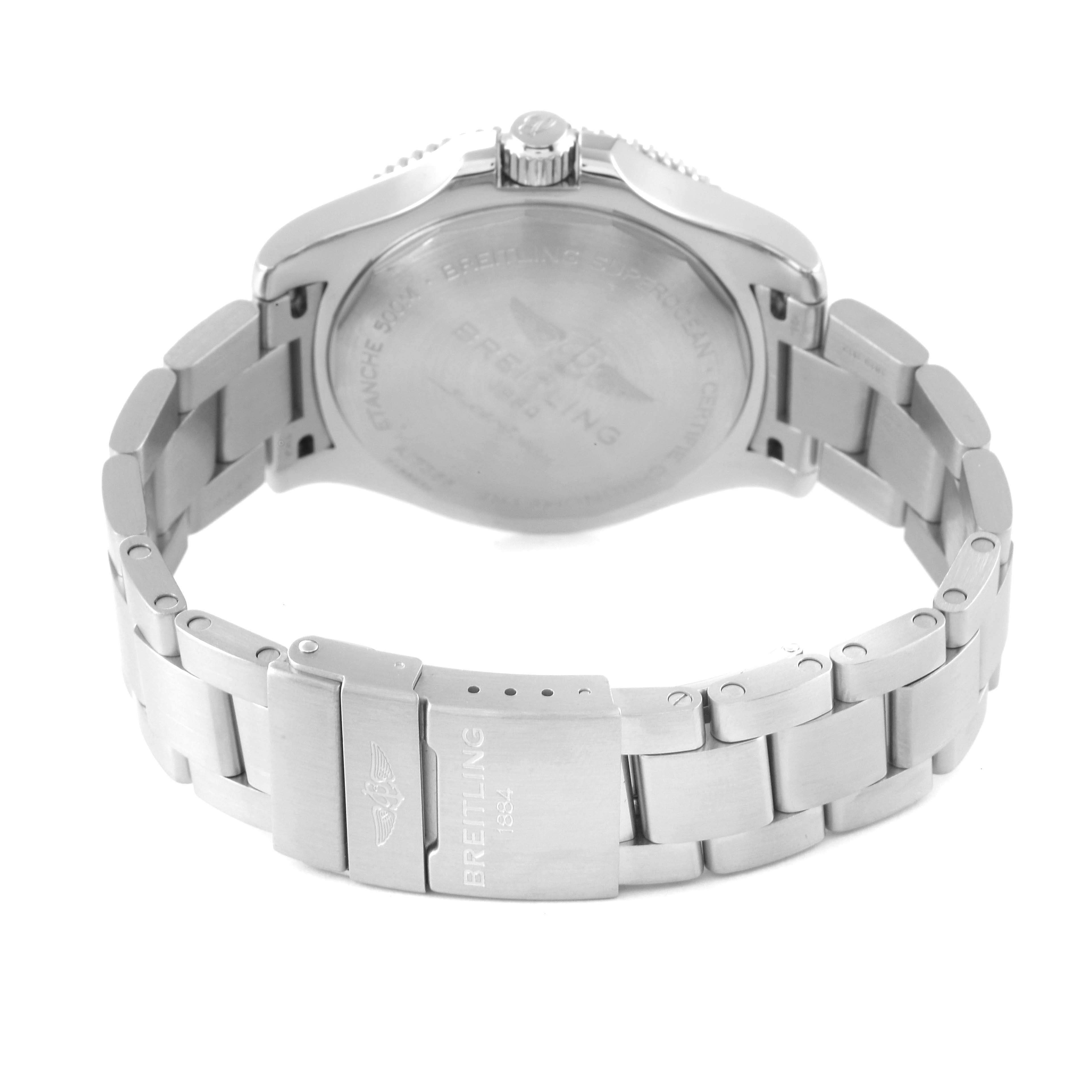 The image shows the back case and metal bracelet clasp of the Breitling Superocean A17366 Men's Stainless Steel White Dial A17366 Men's Stainless Steel White Dial watch.