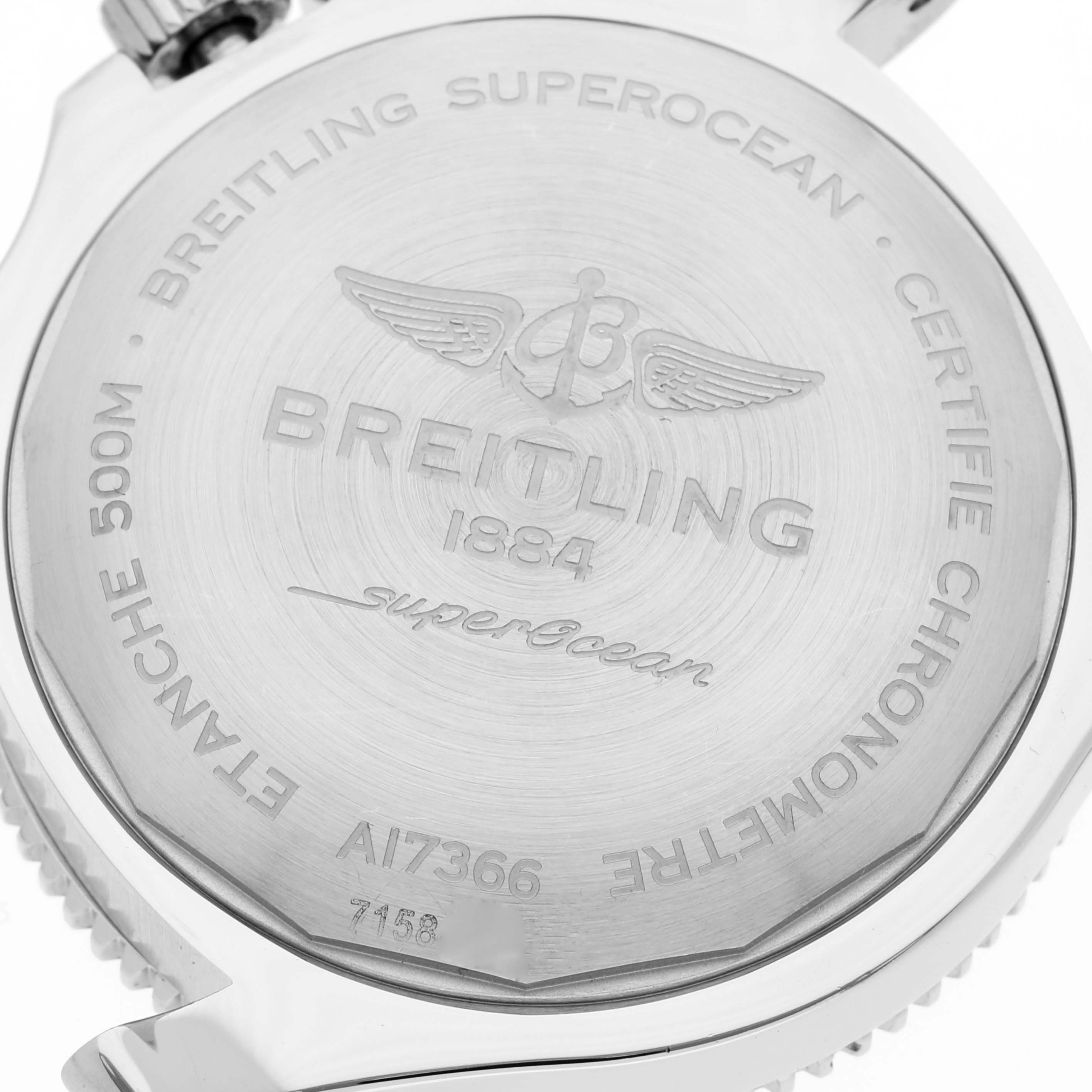 This image shows the case back of a Breitling Superocean A17366 Men's Stainless Steel White Dial A17366 Men's Stainless Steel White Dial watch, displaying its engravings and specifications.