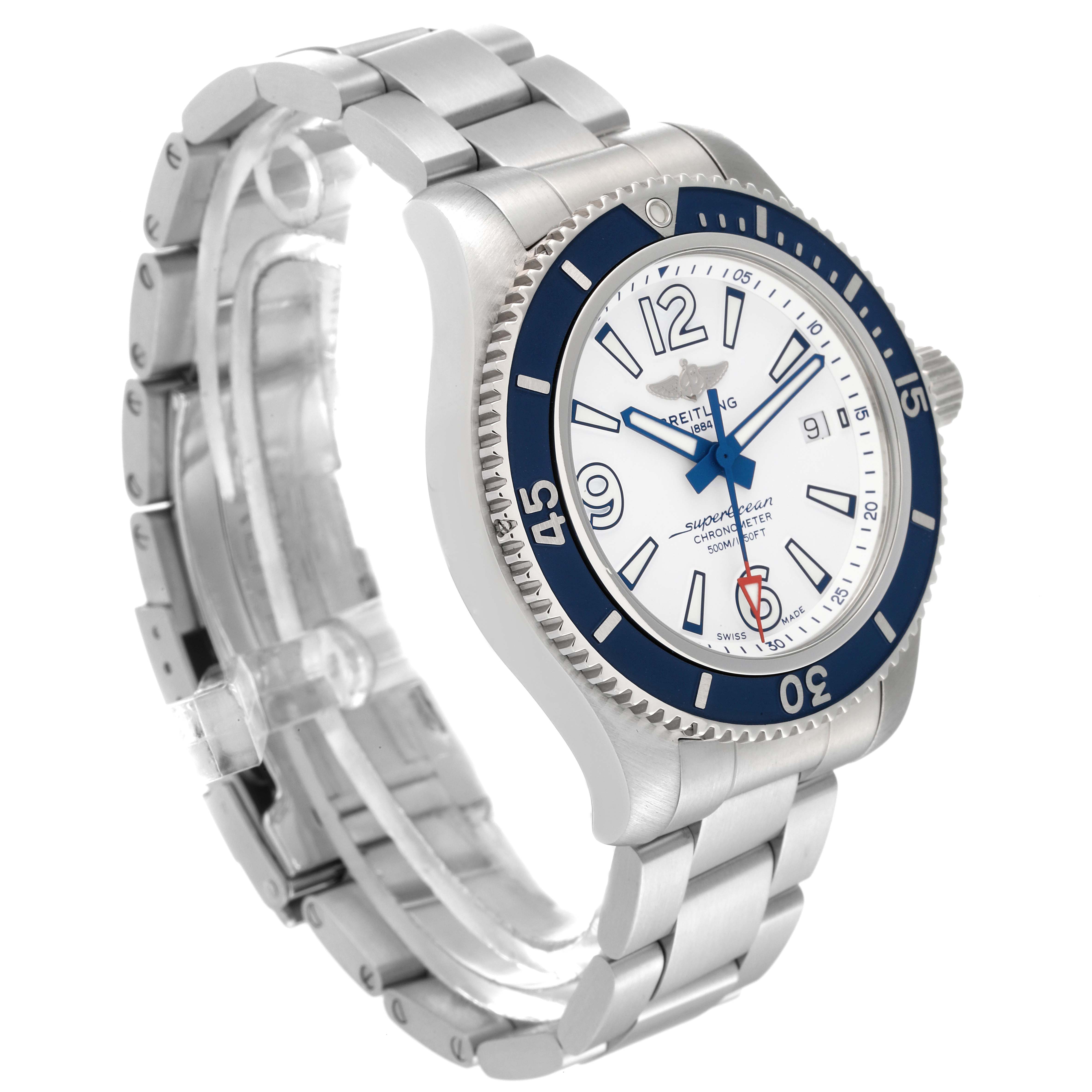 The image shows a Breitling Superocean A17366 Men's Stainless Steel White Dial A17366 Men's Stainless Steel White Dial watch at an angled side view, highlighting its face, bezel, bracelet, and crown.