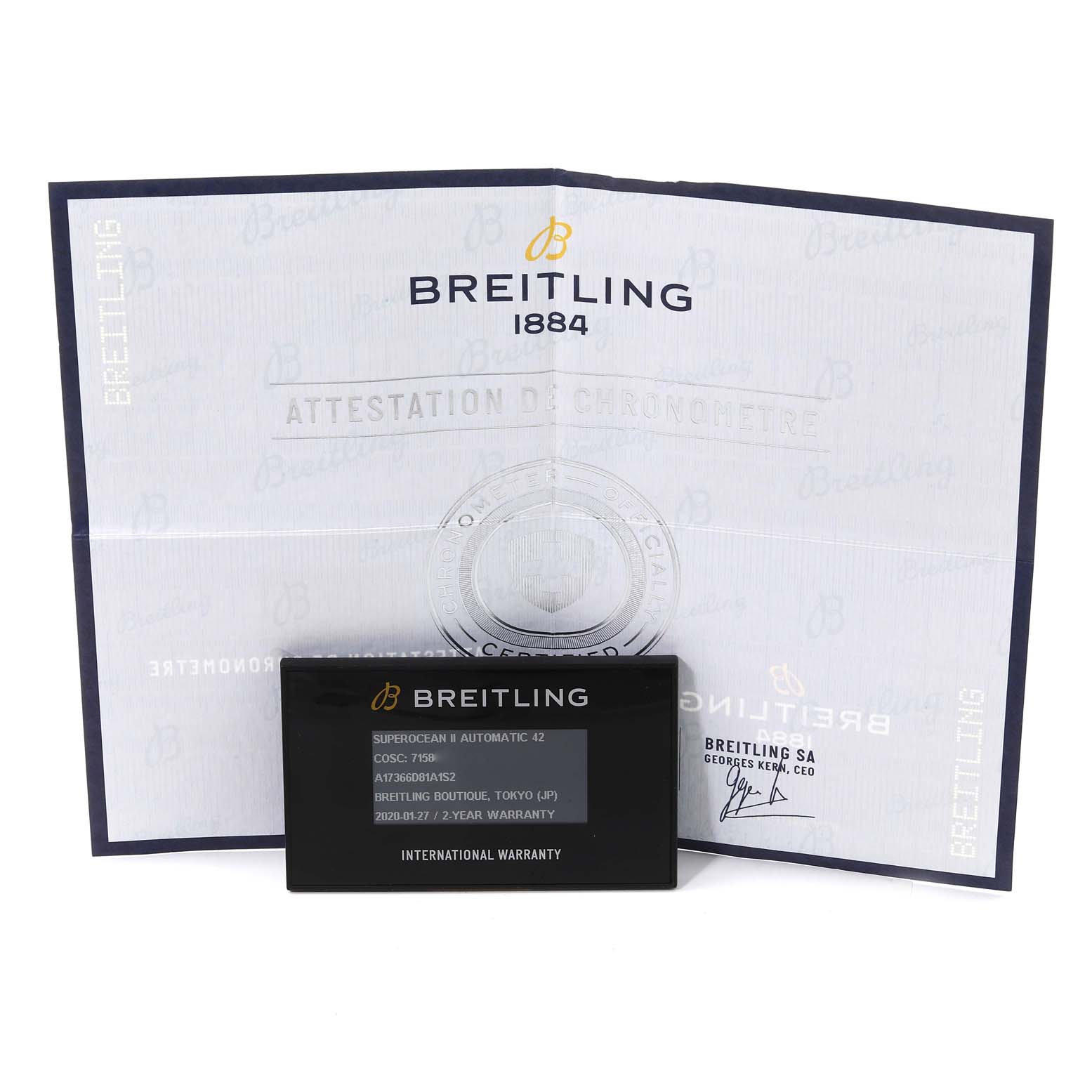 The image shows the warranty card and documentation for a Breitling Superocean A17366 Men's Stainless Steel White Dial A17366 Men's Stainless Steel White Dial model watch.