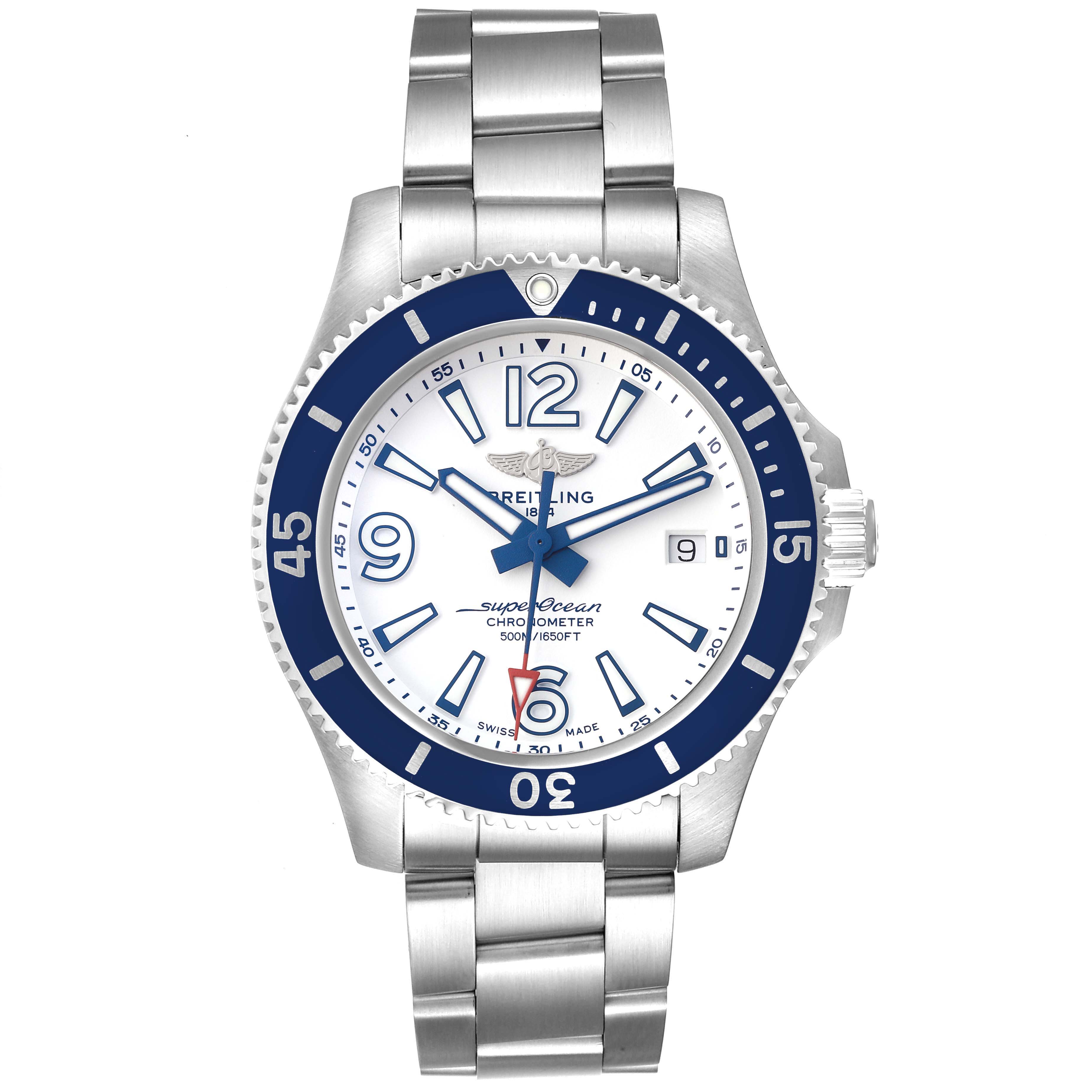 The image shows a front-facing view of a Breitling Superocean A17366 Men's Stainless Steel White Dial A17366 Men's Stainless Steel White Dial watch, highlighting its dial, bezel, and stainless steel bracelet.