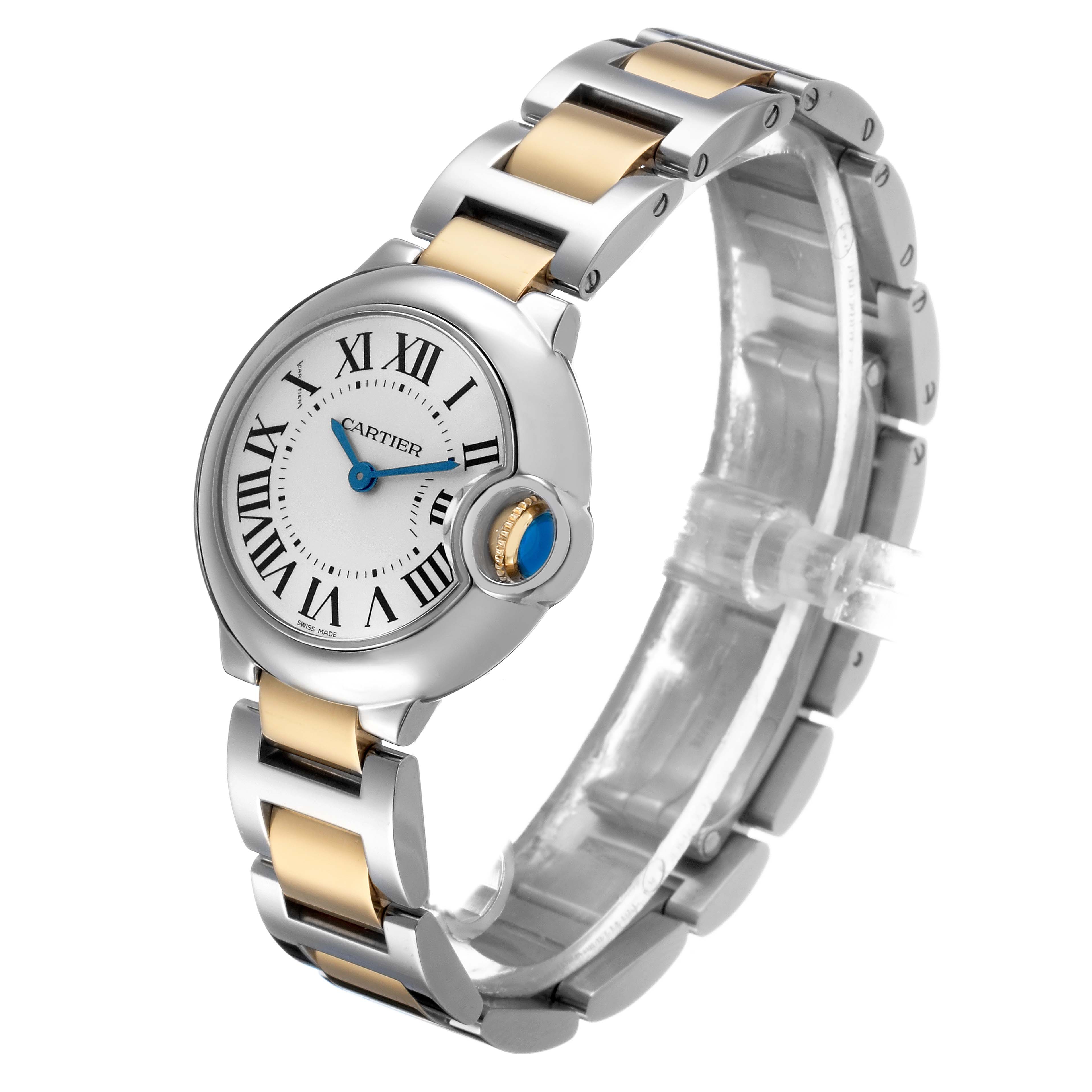 The Cartier Ballon Bleu W69007Z3 Women's Steel and Gold (two tone) Silver Dial watch is shown at a three-quarter angle, highlighting the face, crown, and two-tone bracelet.