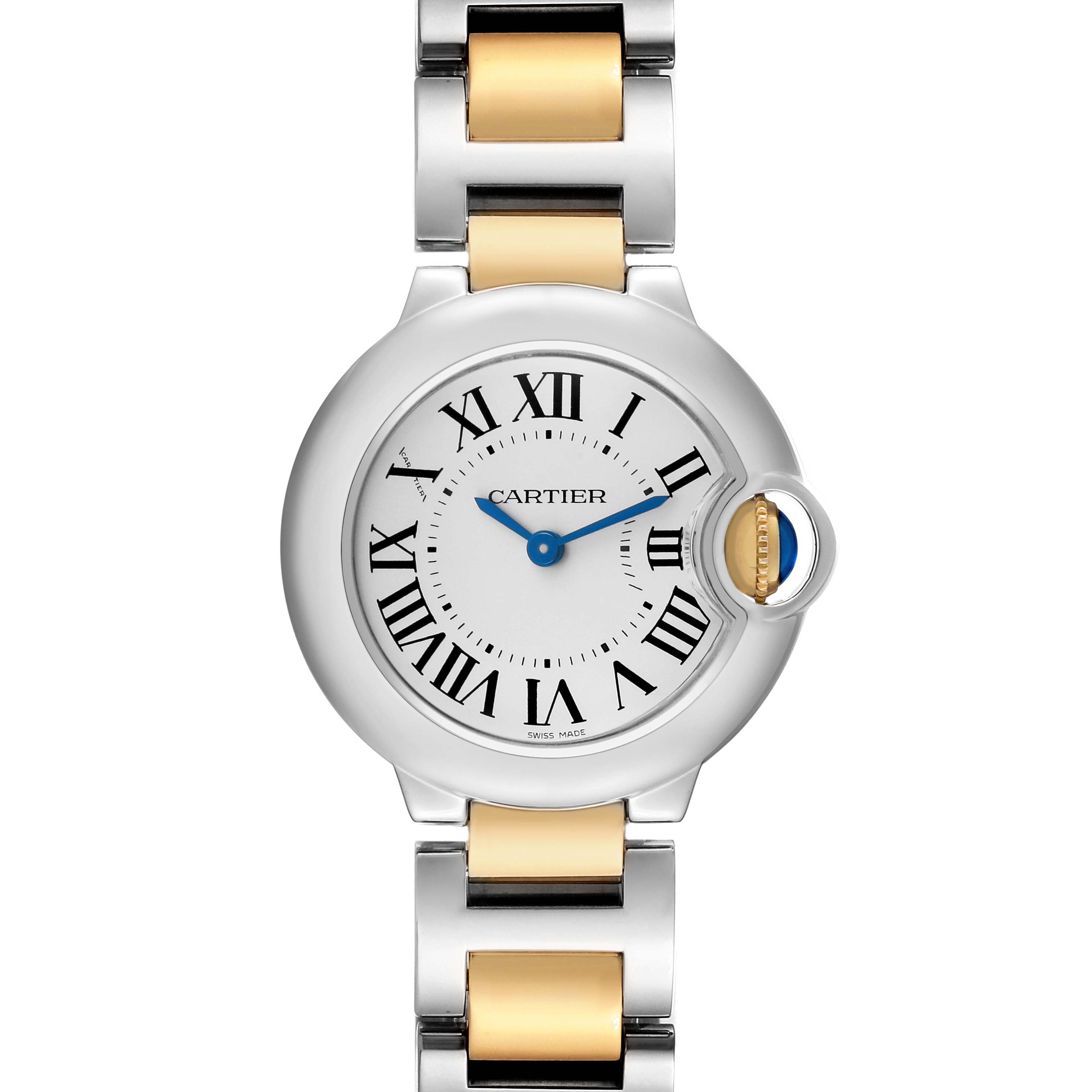 The Cartier Ballon Bleu W69007Z3 Women's Steel and Gold (two tone) Silver Dial watch is shown in a front view, highlighting its face, Roman numerals, hands, and metal bracelet.
