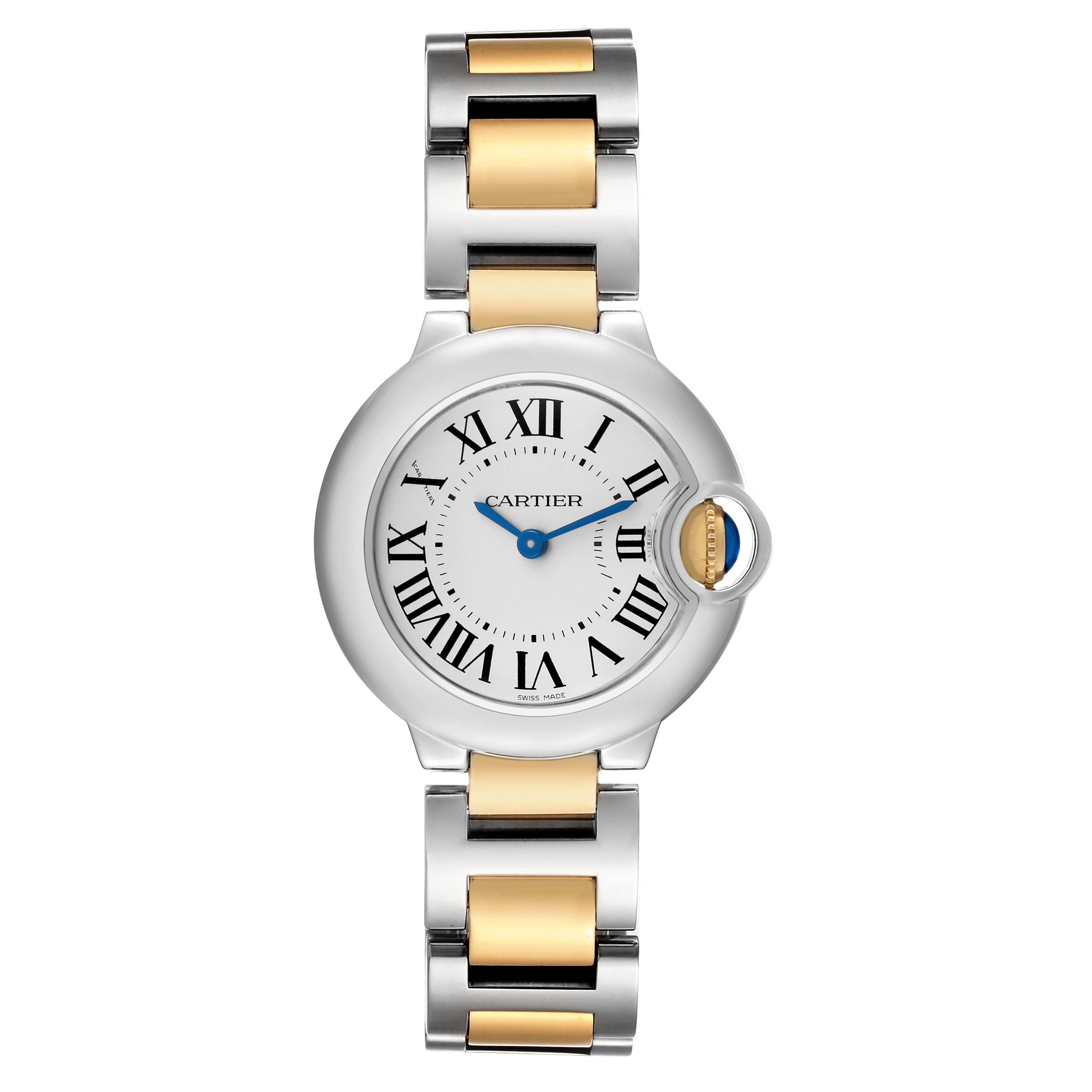 The Cartier Ballon Bleu W69007Z3 Women's Steel and Gold (two tone) Silver Dial watch is shown from a front angle, highlighting its round face and bicolor bracelet.