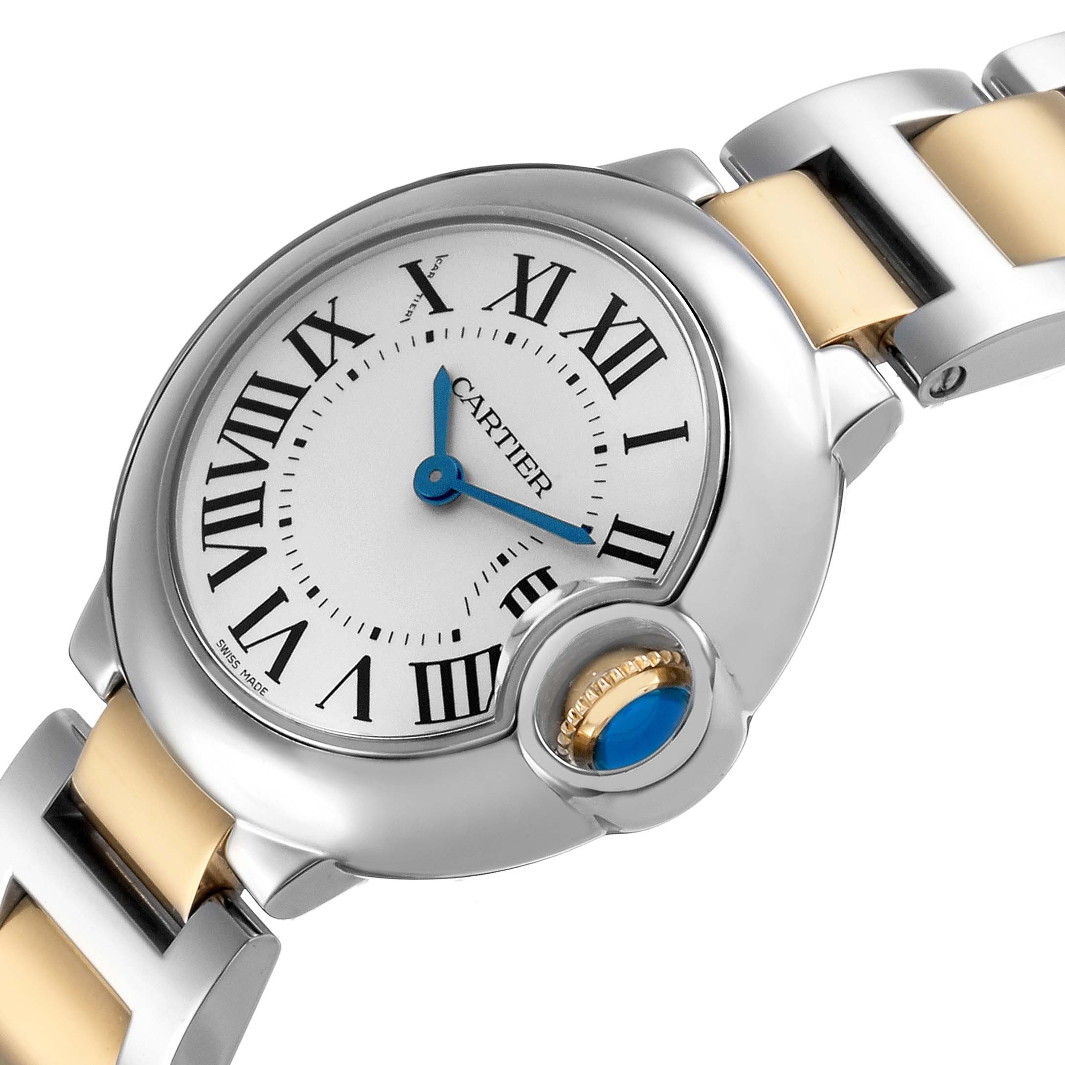 The image shows a close-up angle of the Cartier Ballon Bleu W69007Z3 Women's Steel and Gold (two tone) Silver Dial watch, highlighting the dial, crown, and part of the bracelet.