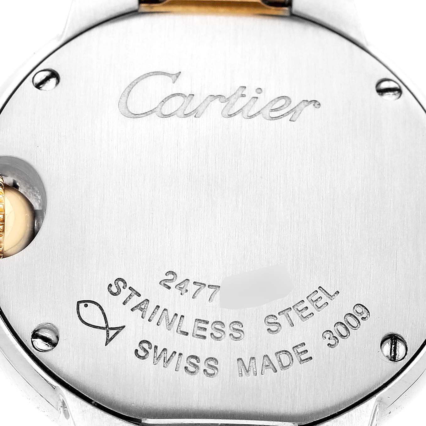 The image shows the back of the Cartier Ballon Bleu W69007Z3 Women's Steel and Gold (two tone) Silver Dial watch, highlighting engravings and part of the crown.